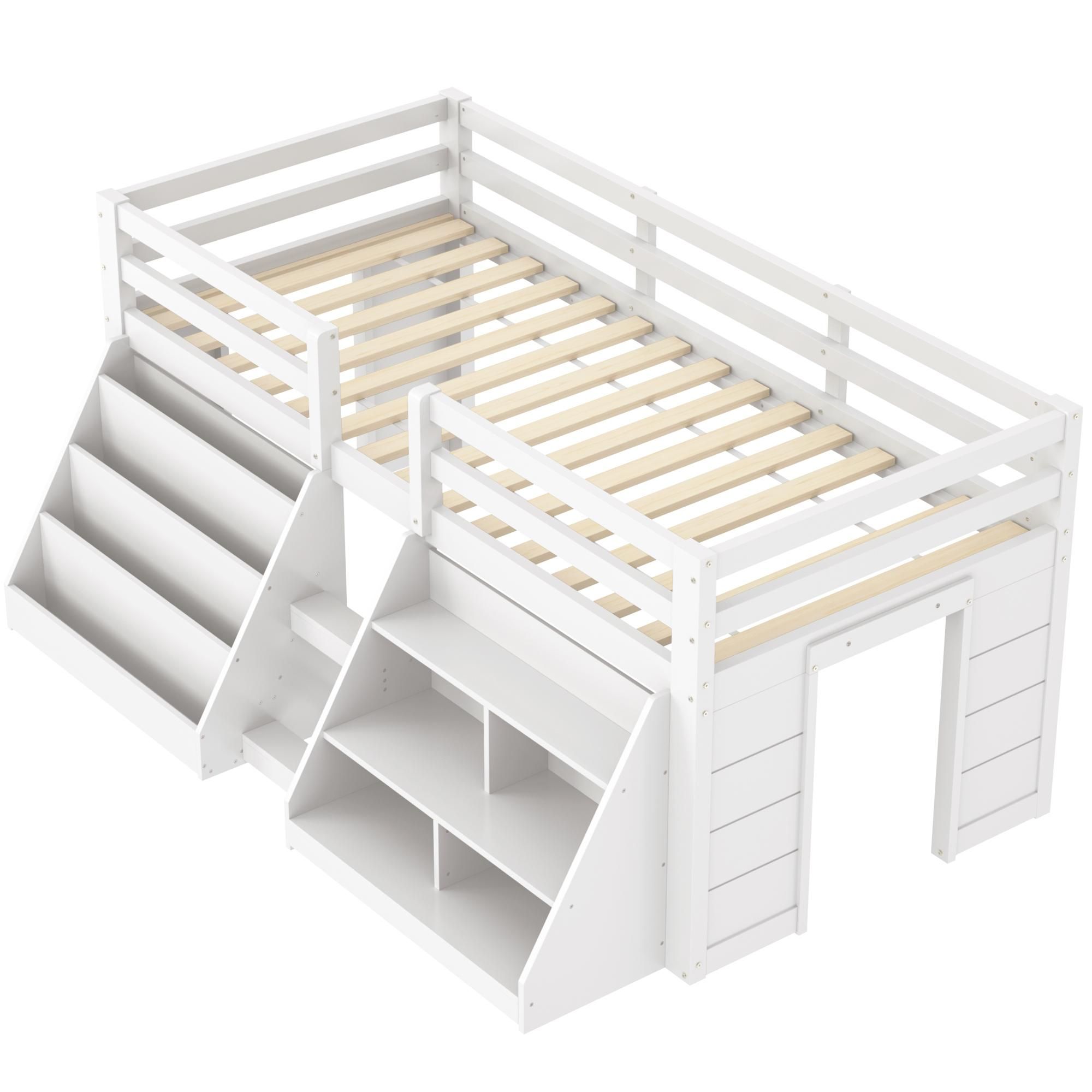 Flieks Kinderbett Hochbett 90x200cm mit 2 Regal, Etagenbett mit Led, Holzbett Einzelbett Stockbett mit Rausfallschutz und Lattenrost, Weiß