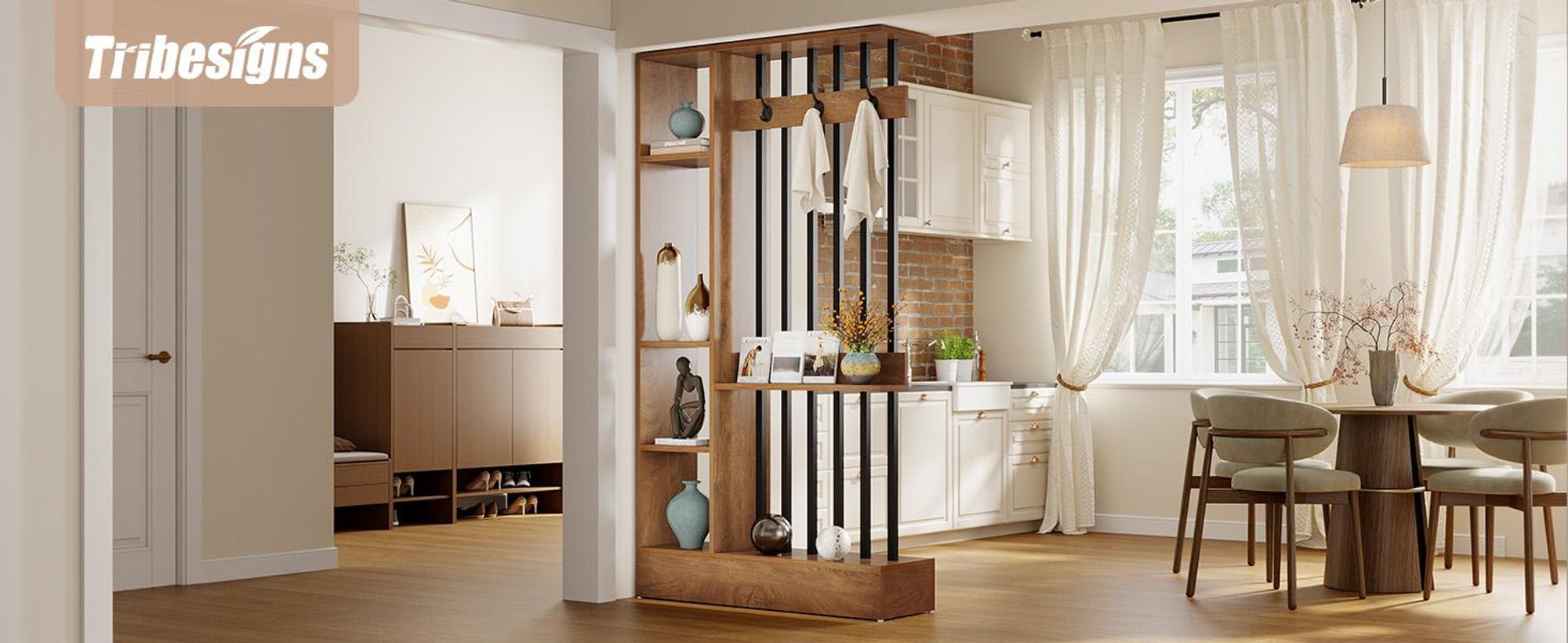 Tribesigns Raumteiler, Wand Raumteiler aus Holz mit Ablagen und Kleiderhaken, 180 cm hoch, moderne Trennwand für Zuhause und Büro, braun