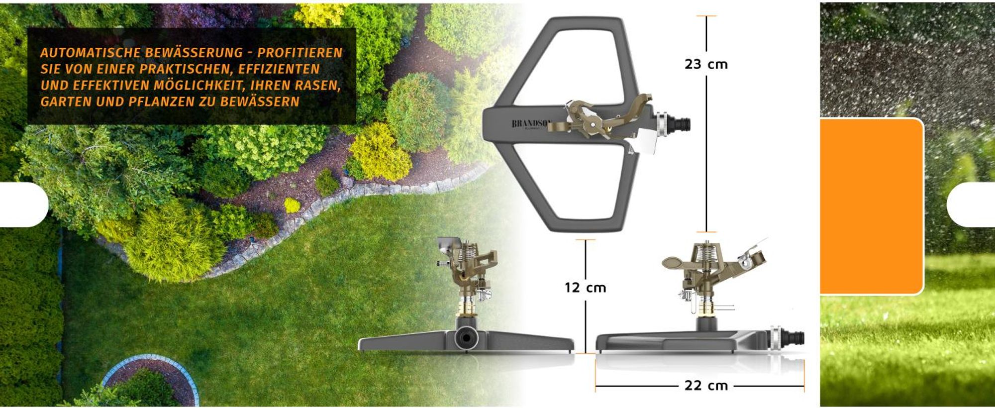 Brandson Impulsregner, Kreisregner, Vollmetall-Rasensprinkler 360°, Impulskreisregner, bis 314 m², einstellbar & robust, bis 20 m Reichweite, Metall, Zink, Gardena-kompatibel