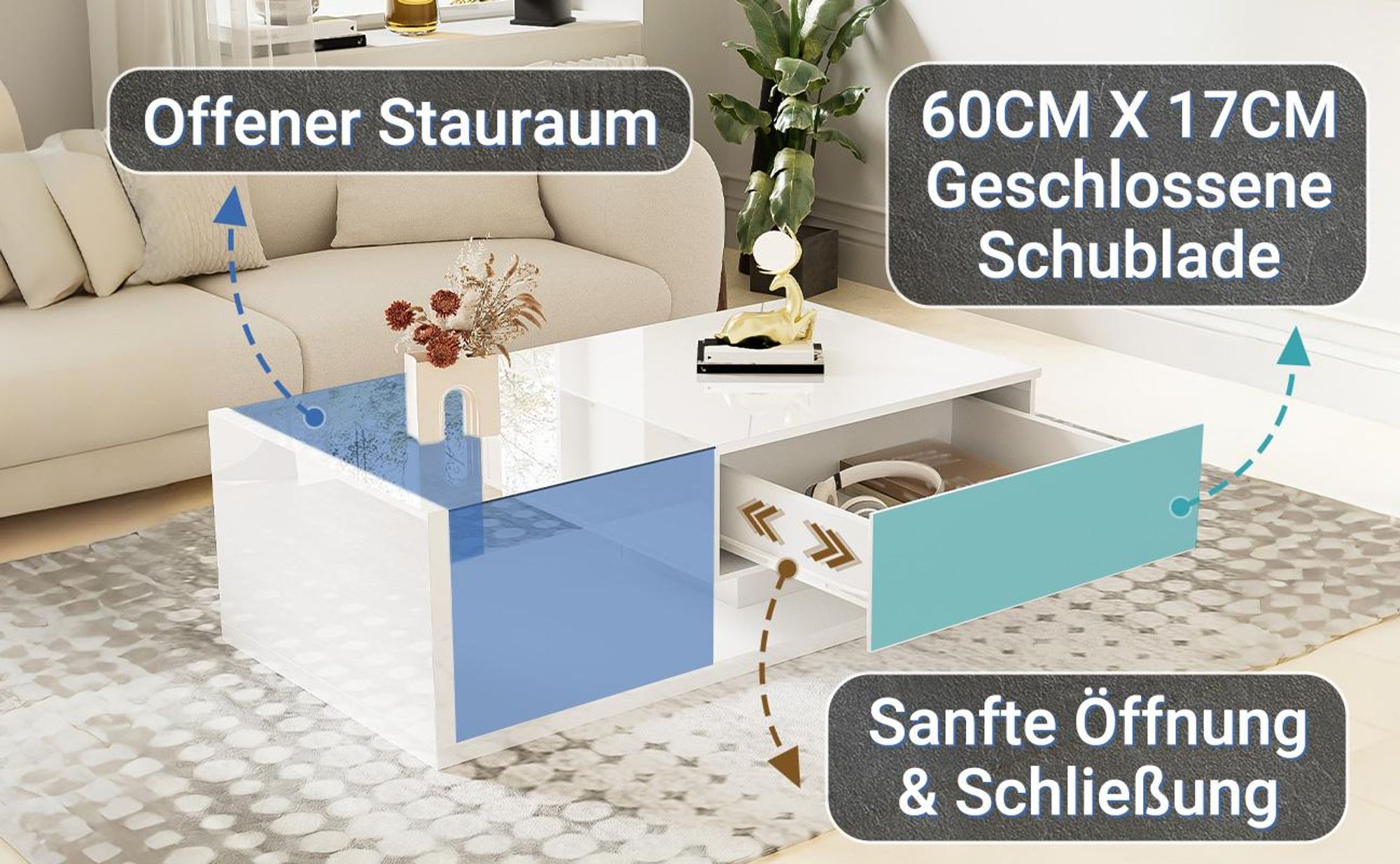 MODFU Couchtisch Hochglanz mit Glas und LED-Effekt,Rechteckiger Wohnzimmertisch mit Ablagefach,Beistelltisch&Sofatisch für Wohn- und Schlafzimmer,Weiß