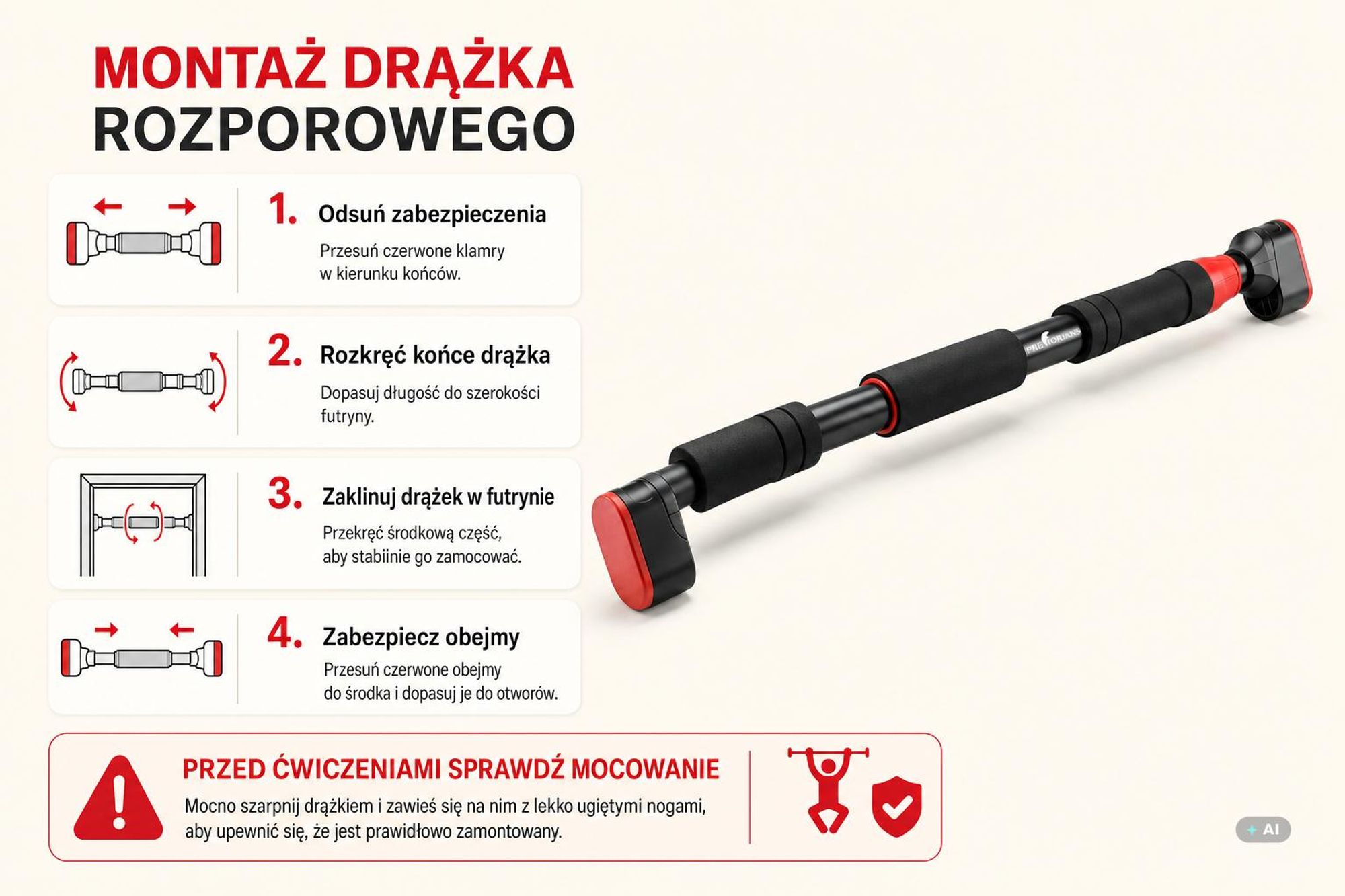 Regulowany drążek do podciągania, 70-100 cm, drążek stalowy, wielofunkcyjny