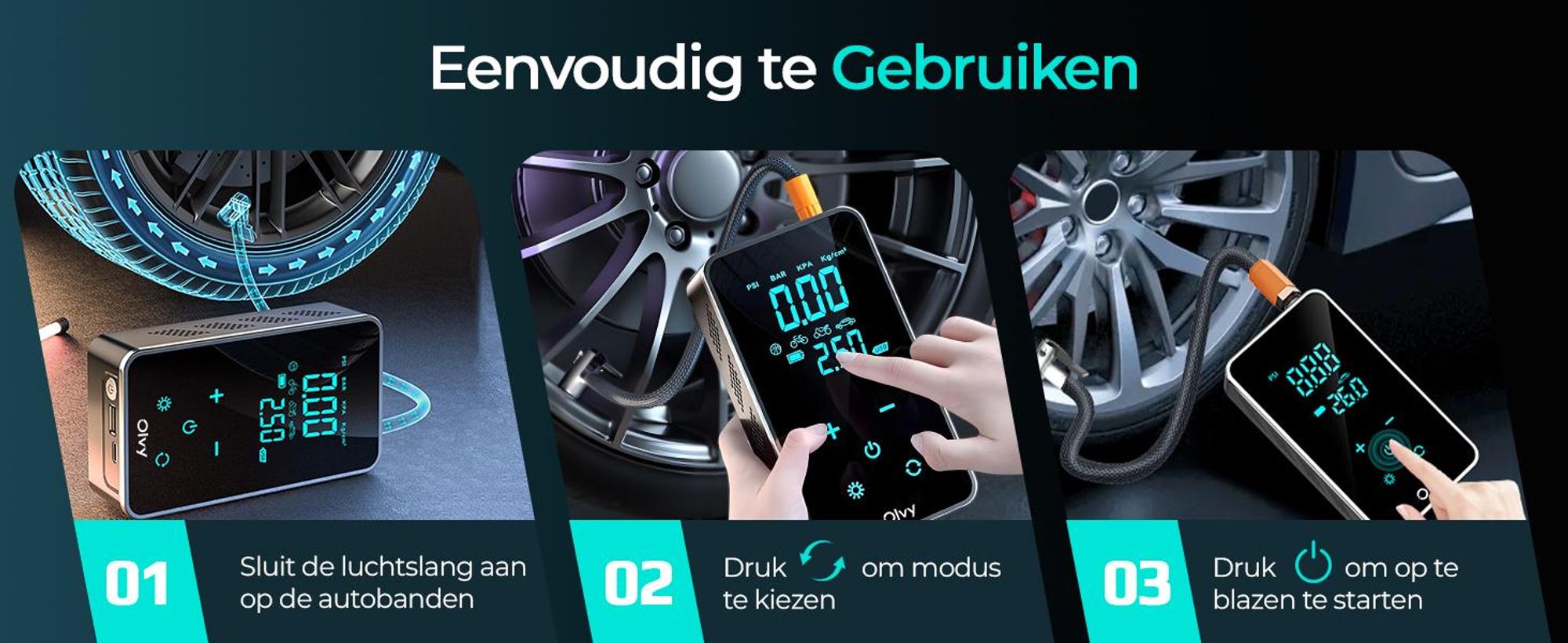 Olvy Luchtdrukpomp, Mini-bandenpomp, 7000mAh, Elektrische compressor, fietspomp, elektrische luchtpomp, mini-compressor, geschikt voor auto, fiets, ballen, en ook als powerbank