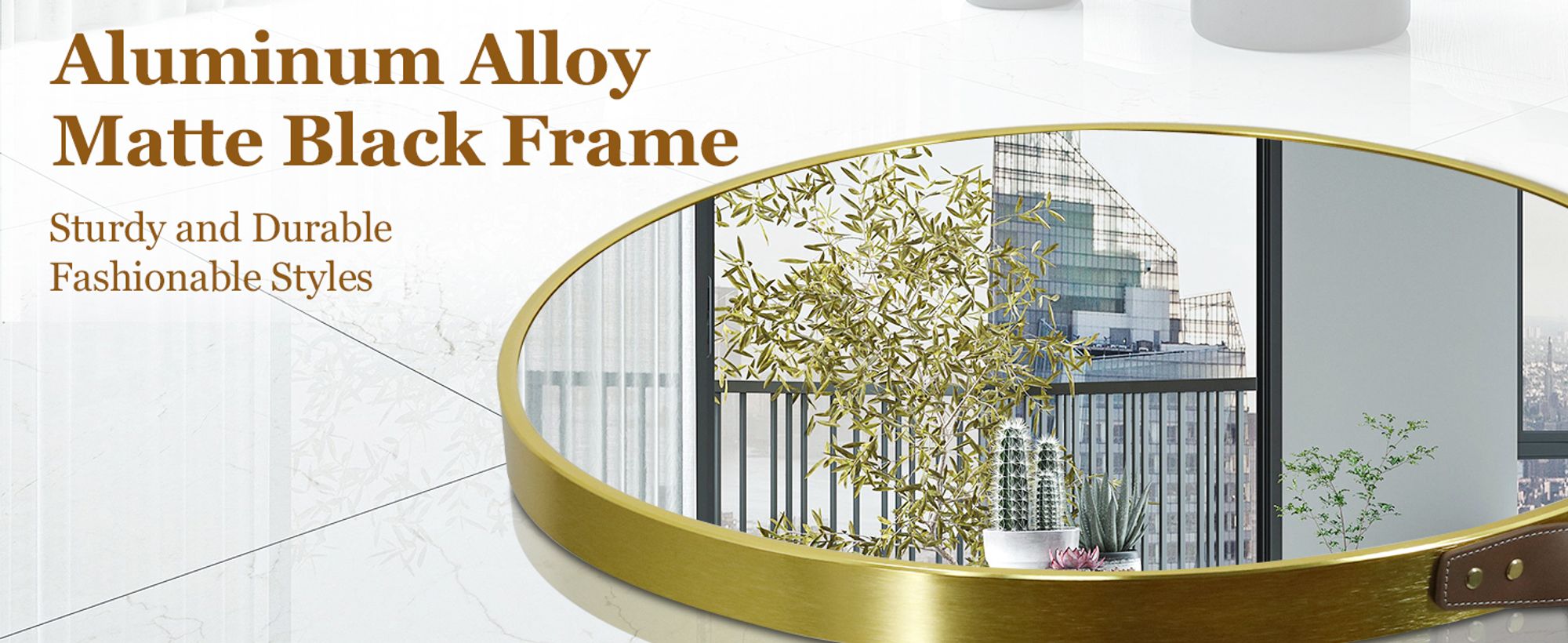 ARTLOGE Runder Badezimmerspiegel aus Aluminium Hängespiegel Wandspiegel Ø 60cm mit Lederschling Rostfrei Gold Dekospiegel Schminkspiegel