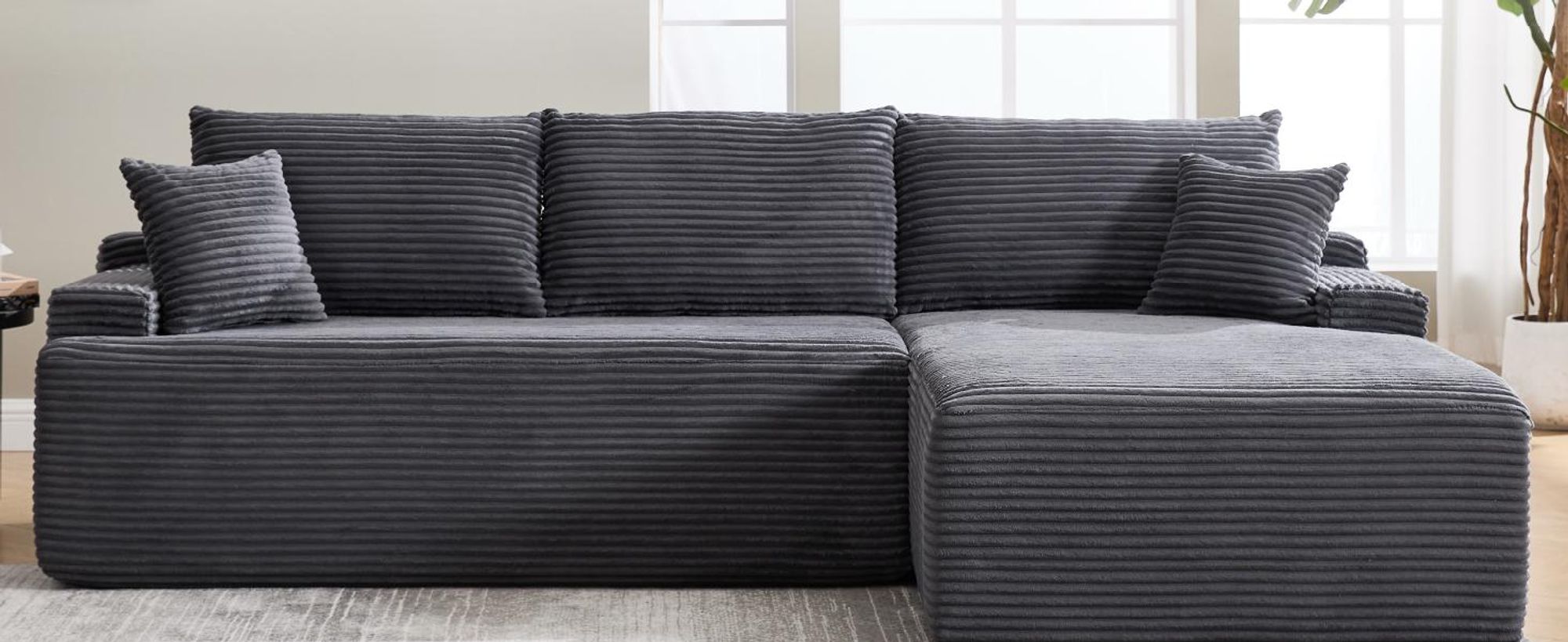 Juskys Sofa Coredo - Dunkelgrau, moderne Couch aus Cord mit Kissen, Ottomane rechts