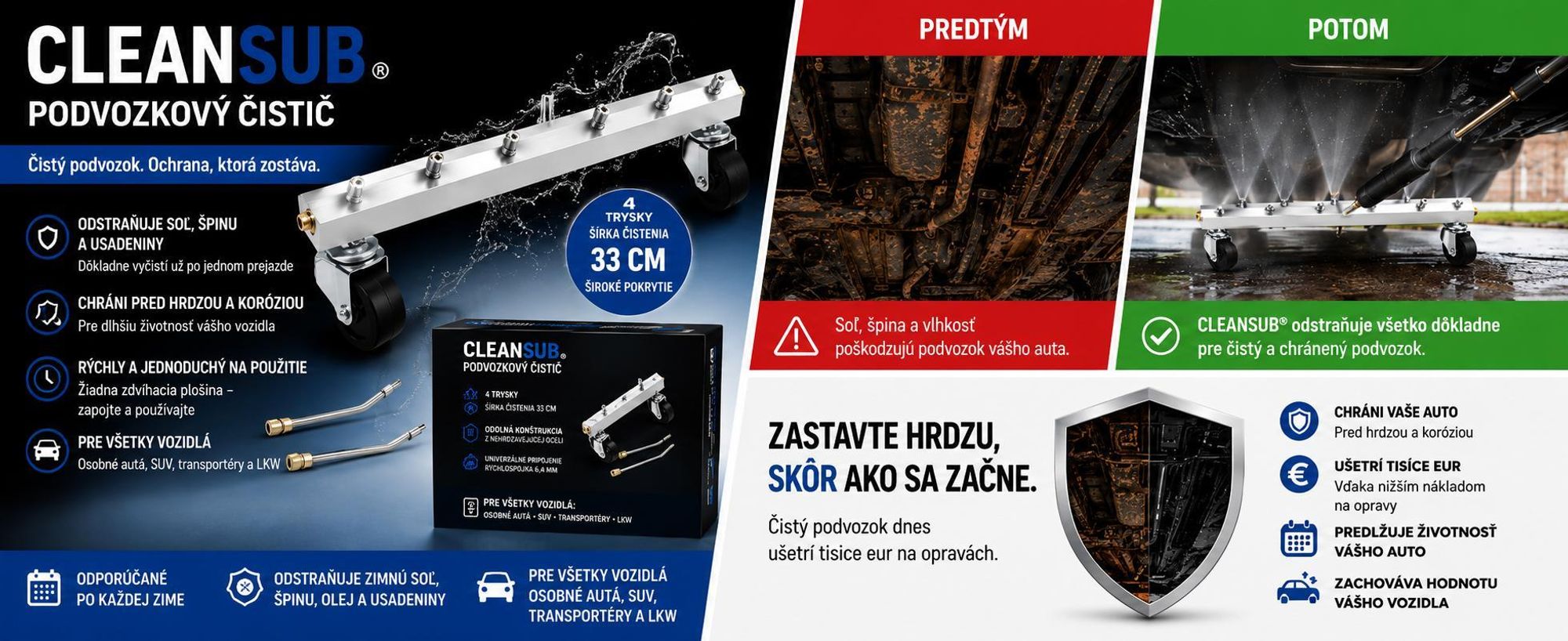 Nástavec na čistenie podvozku vozidla pre vysokotlakové čističe s predlžovacou tyčou 34,5 cm, čistič plôch – CLEANSUB