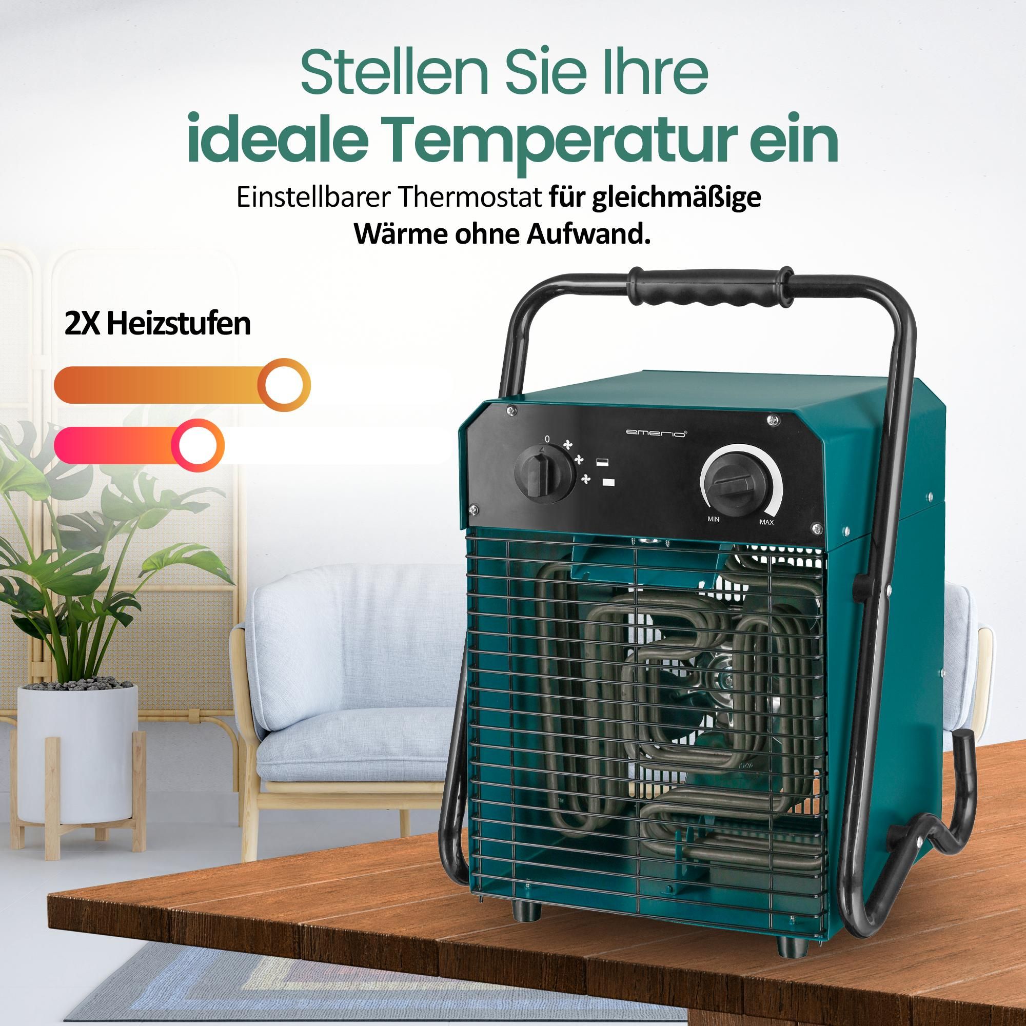 Emerio Power-Heizlüfter FH-105537.4 – 50 m² – Bauheizer - Werkstattheizung – einstellbarer Thermostat - IP24 – 5000W – 400V – Überhitzungsschutz