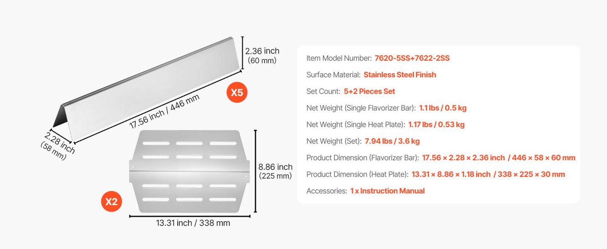 VEVOR Aromastäbe, 39 cm Grill Ersatzteil, für Weber Spirit I & II 200 Serien Grills, einschließlich Spirit ll E-210, ll E-220, ll S-210, E-210, S-210, porzellanemaillierte Stahl-Hitzeschild, 3er Pack, 446mm-b, 5+2 Teile Set