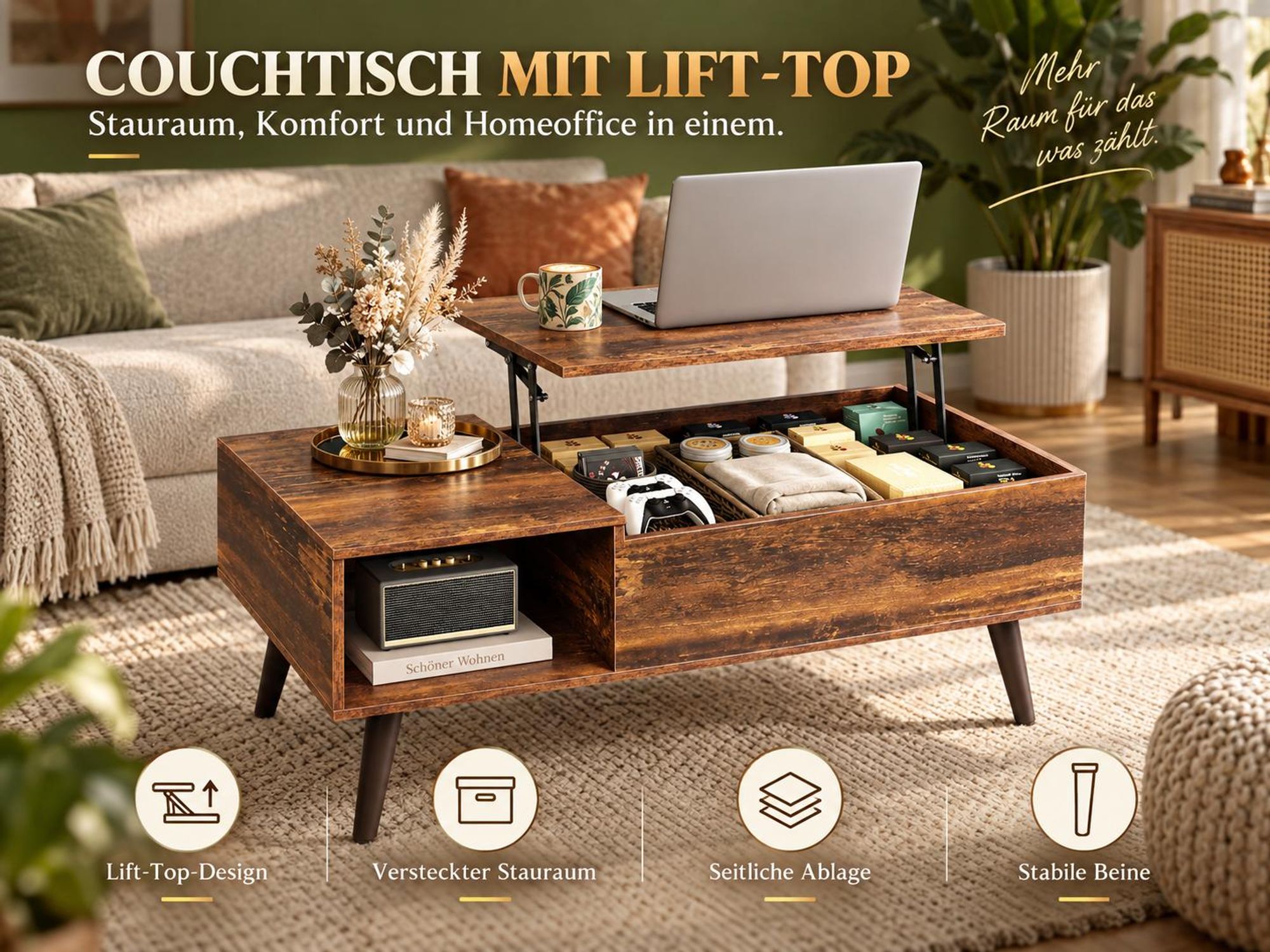 Couchtisch höhenverstellbar mit Stauraum, Lift-Top Wohnzimmertisch 100×50×41-57cm, Holzoptik & Metallrahmen, für Wohnzimmer