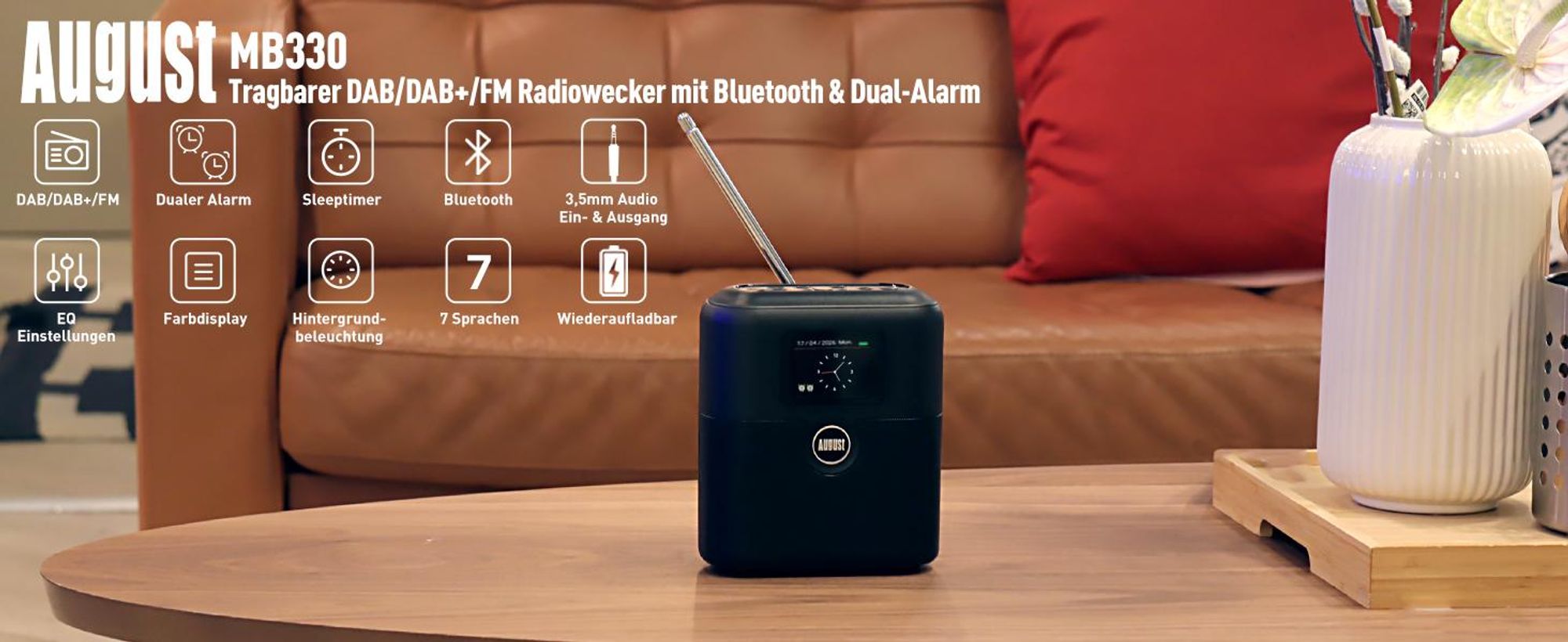 Tragbares DAB+/UKW Radio mit Bluetooth Akku Doppel Wecker, 60 Presets - August MB330