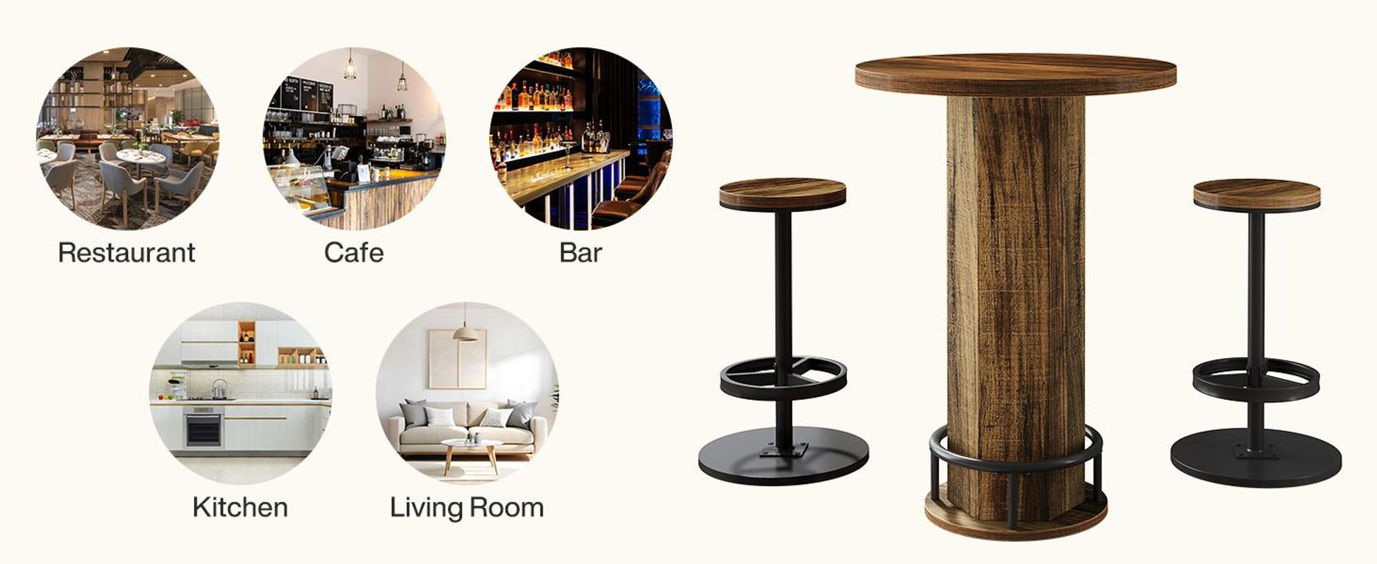 Tribesigns runder Bartisch mit Stühlen, industrielles Bistro-Set mit 2 Barhockern, Stehtisch mit Metallring-Fußstütze Küchenecke, kleiner Raum