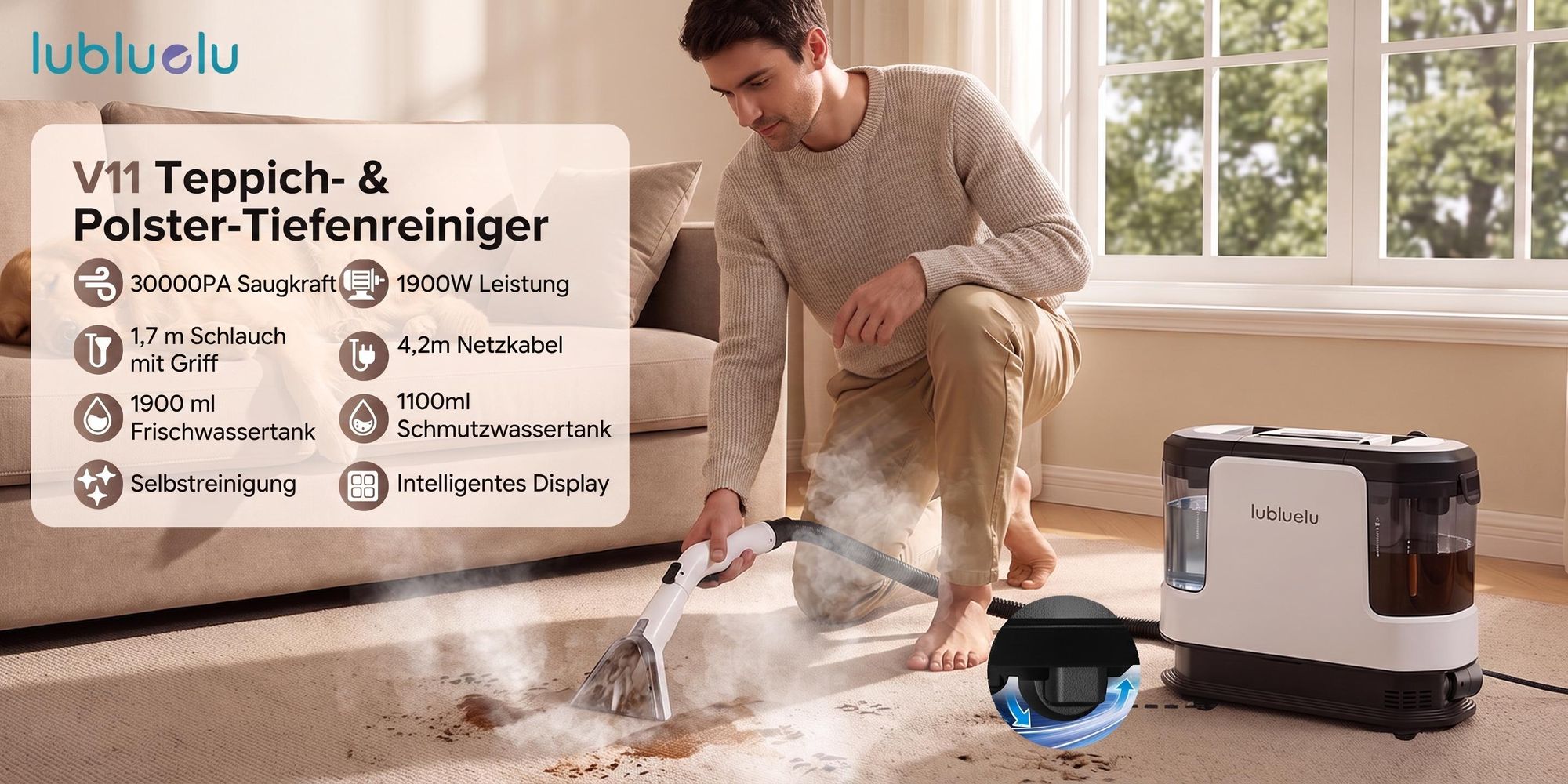 Lubluelu V11 Polsterreiniger Waschsauger Teppichreiniger 30KPa Dampffunktion 4 Modi 1900W mit 1,9L+1,1L Doppeltank für Sofa Auto Matratze Touchdisplay
