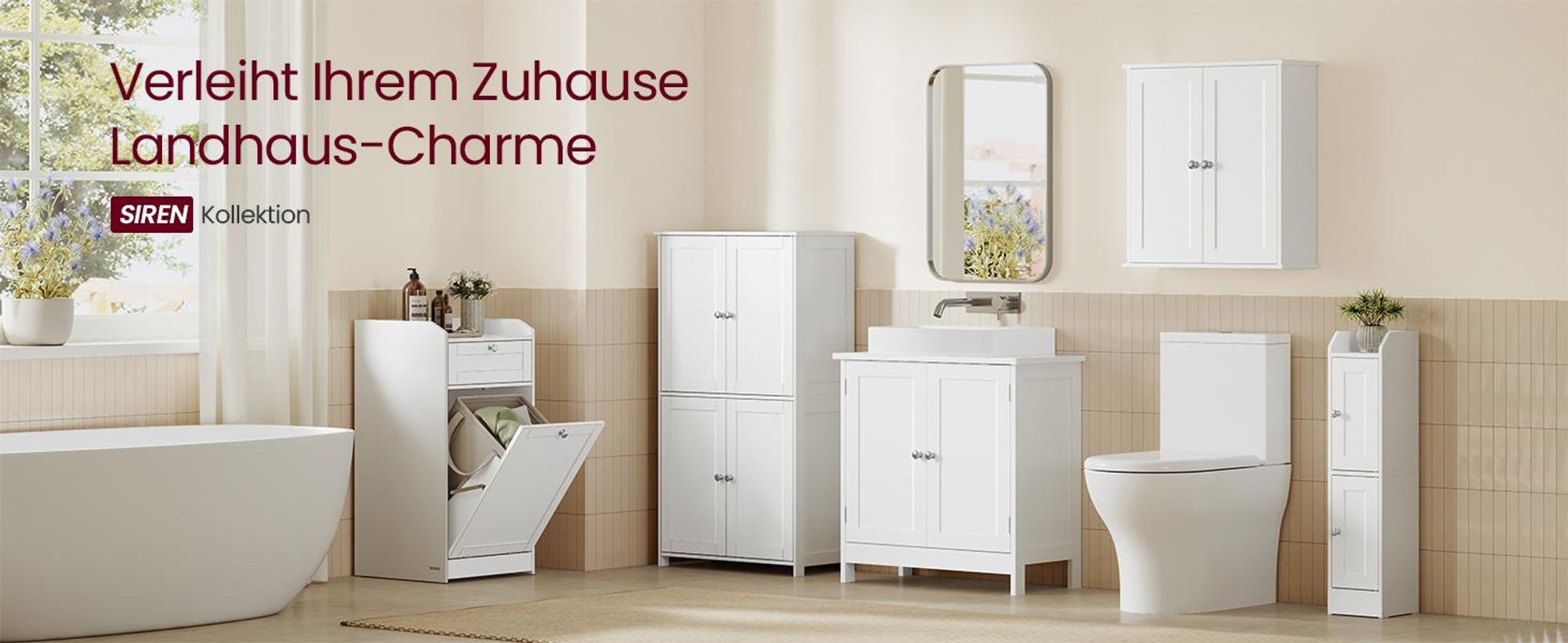 VASAGLE Schmaler Hochschrank, Badschrank, mit verstellbaren Ablagen, Badezimmerschrank für Bad, Landhausstil, weiß