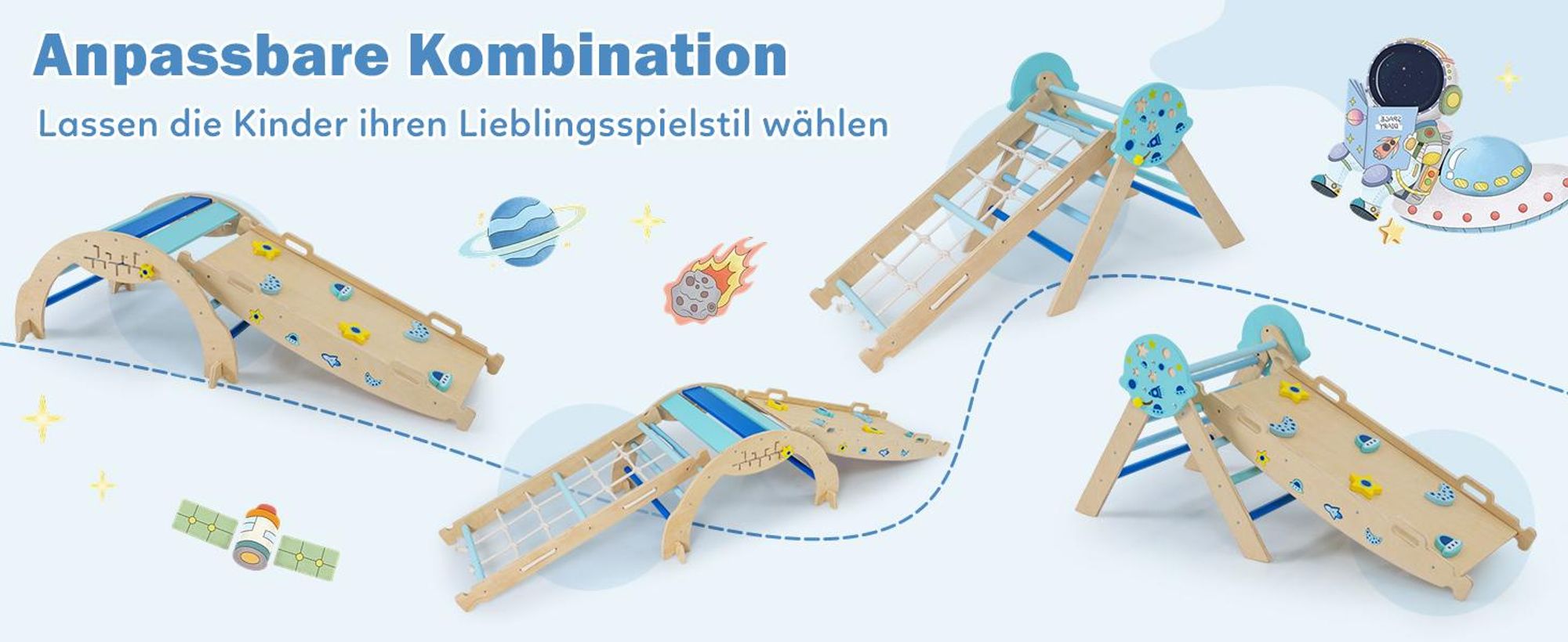 COSTWAY Klettergerüst Indoor 4er Set, klappabre Kletterdreieck mit Rutsche, Kletterbogen, Netz, doppelseitige Rampe, Baustein Set&2 Autos für Kinder3+