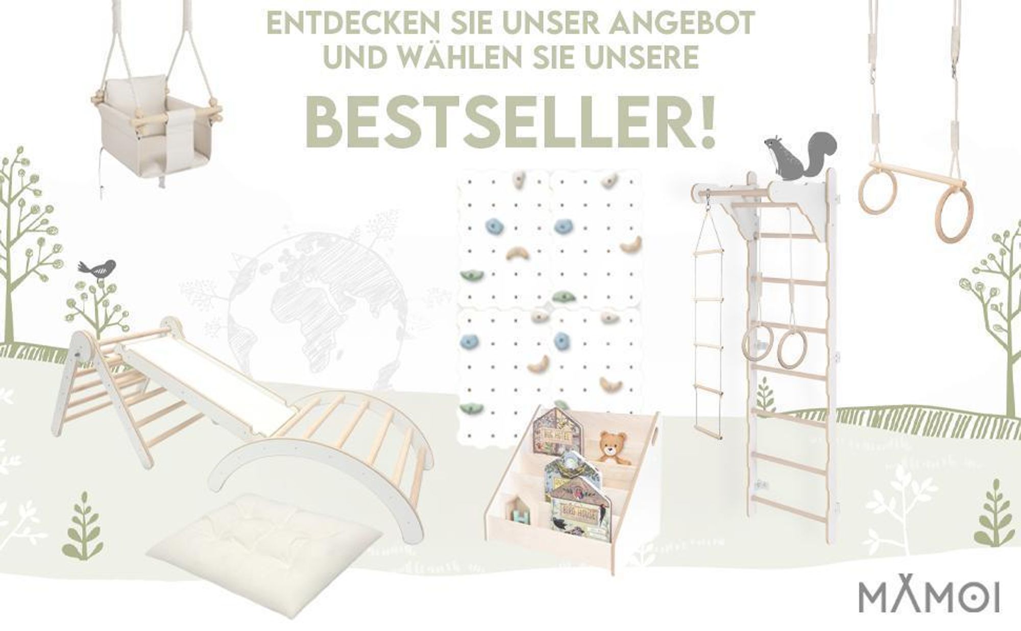 MAMOI® Klettergerüst Kletterdreieck Indoor 4 in 1 SET. Montessori Kletterbogen mit Kissen, Indoor Spielplatz 1-3 Jahre und Rutsche für Kinder.