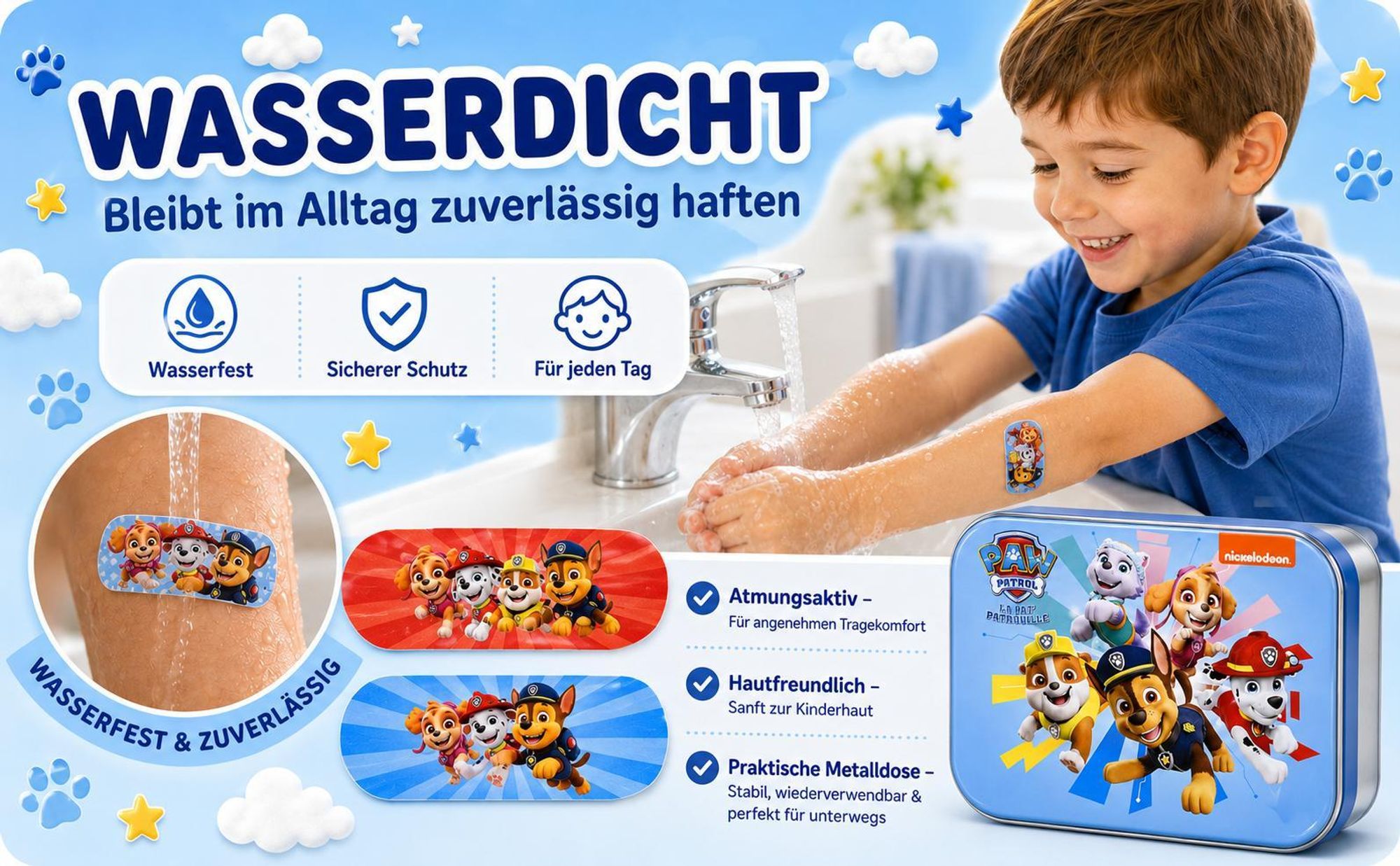 Paw Patrol Kinderpflaster Lizensiertes Produkt - Metall-Box - 24 Pflaster - Schönes Design Pflaster Aufbewahrungsbox für Kinder - 1 Box