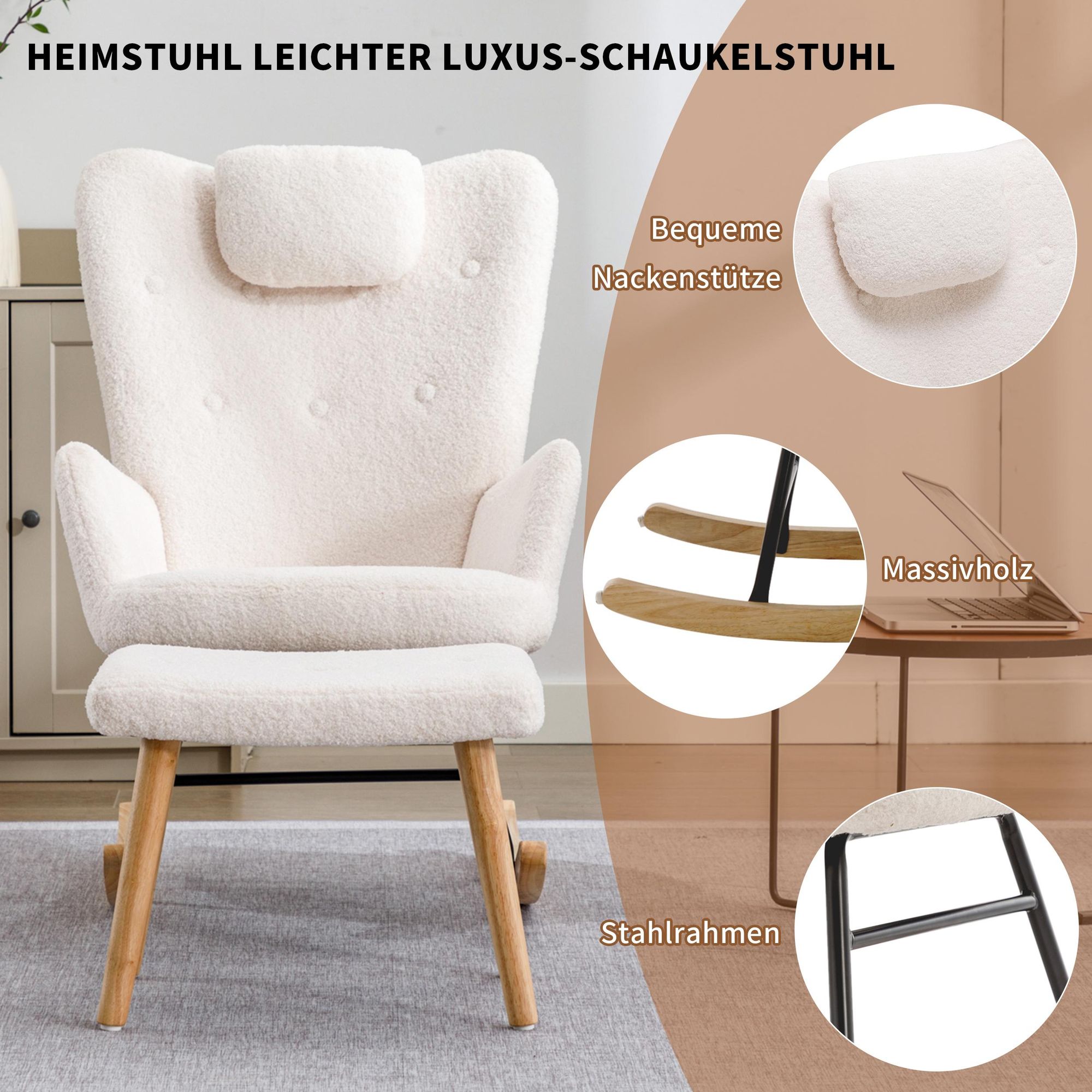 Merax Schaukelstuhl mit Teddyplüsch und Hocker, Schaukelsessel Swingsessel mit Kopfstütze und Holzsockel, gemütlicher Relaxstuhl, weiß