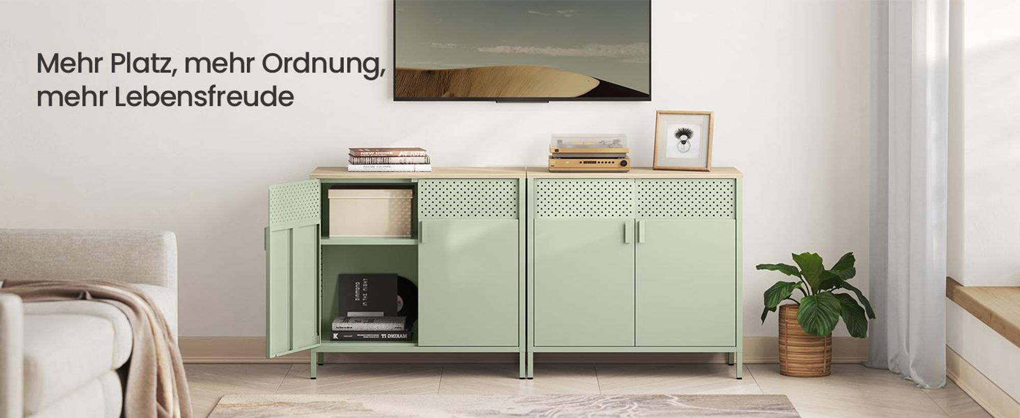 SONGMICS Sideboard Küchenschrank, verstellbarer Einlegeboden, 80x40x76 cm, Lorbeergrün-Natureichenfarben