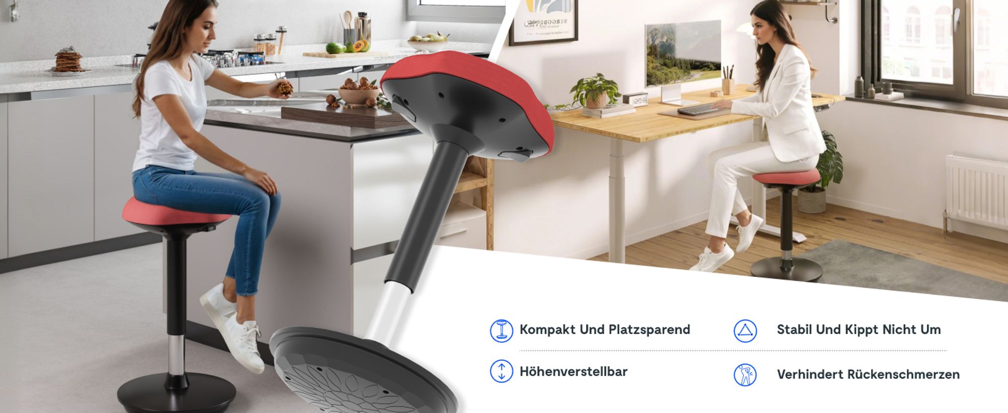 FLEXISPOT Ergonomischer Arbeitshocker – Höhenverstellbare Stehhilfe, 360° drehbar, Bürohocker – Schreibtischhocker – Sitz-Steh-Hocker (Rot)