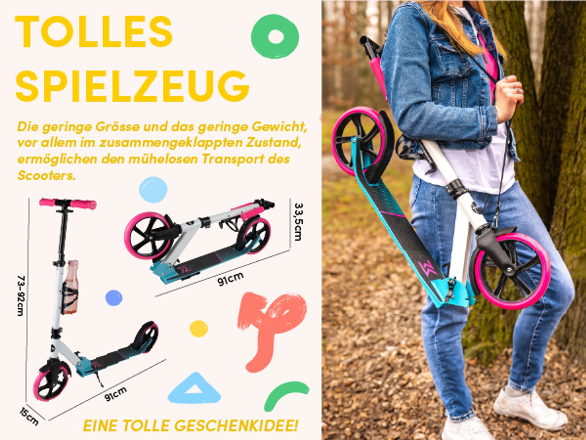 Roller Cityroller für Kinder mit Tragegurt, Bremsen und Flaschenhalter