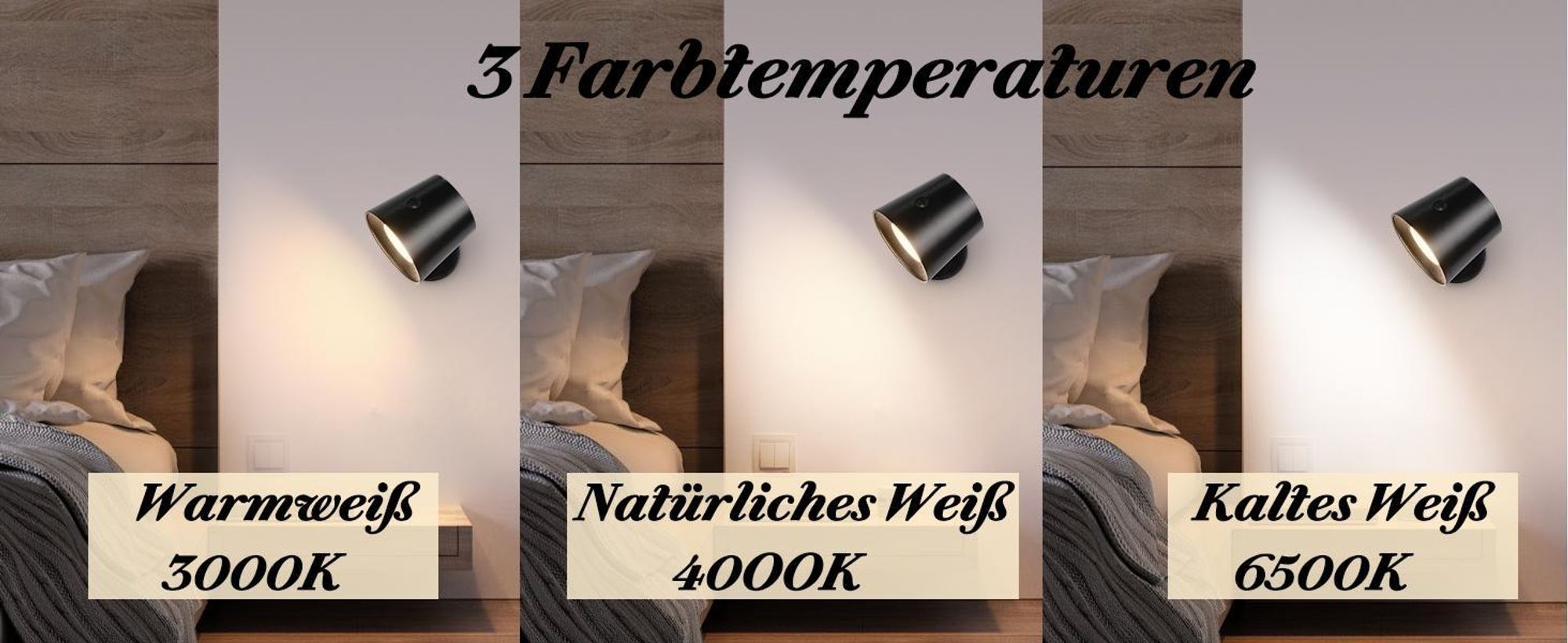 ZMH LED Wandleuchte Schwarz 1ER Innen Wandlampe Akku Touch Control 360° Drehbare 3 Helligkeitsstufen Kabellose Für Kinder Wohnzimmer Schlafzimmer Flur