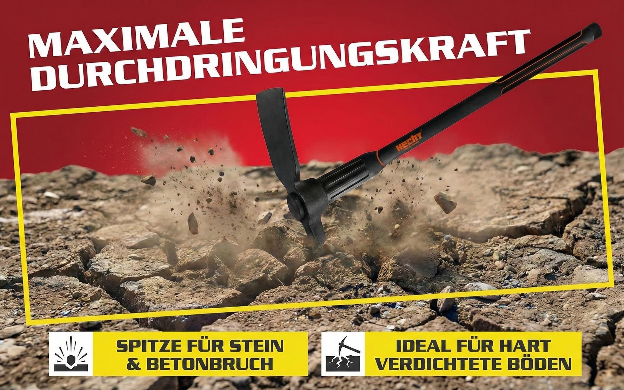 HECHT 909100 Spitzhacke mit Stiel Kreuzhacke | 91 cm Länge | Fiberglaskern | 2 cm Metallstärke