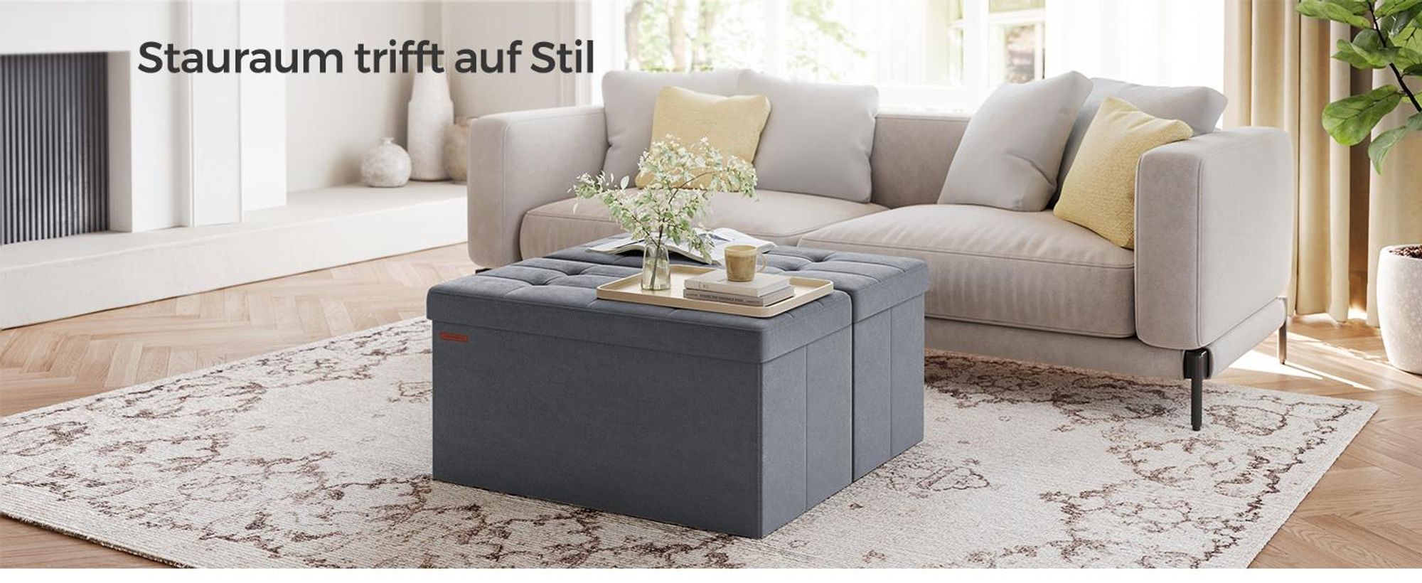 SONGMICS Sitzbank mit 2 extra Aufbewahrungsboxen, klappbar, 38 x 76 x 38 cm, bis 300 kg belastbar, schiefergrau