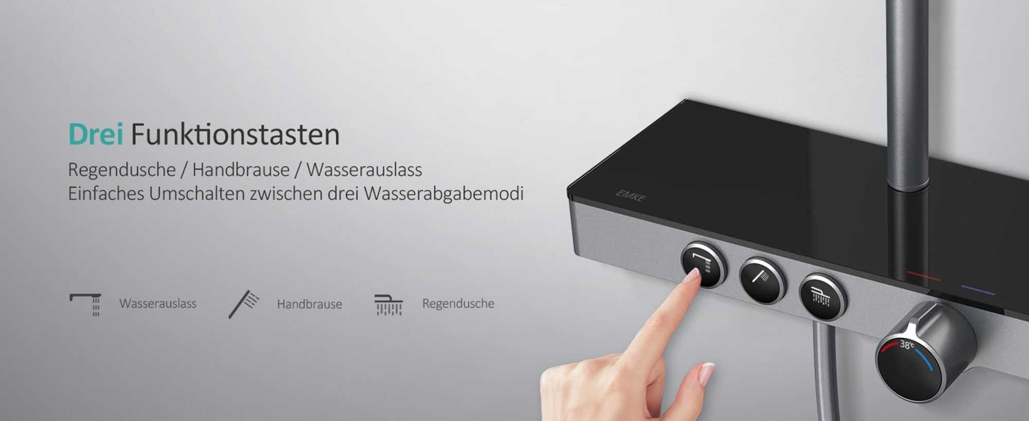 EMKE Duschsystem mit Thermostat Glasablage Handbrause 3 Strahlarten Regendusche, Bad- & Duscharmaturen, KTW-, Grau - F09