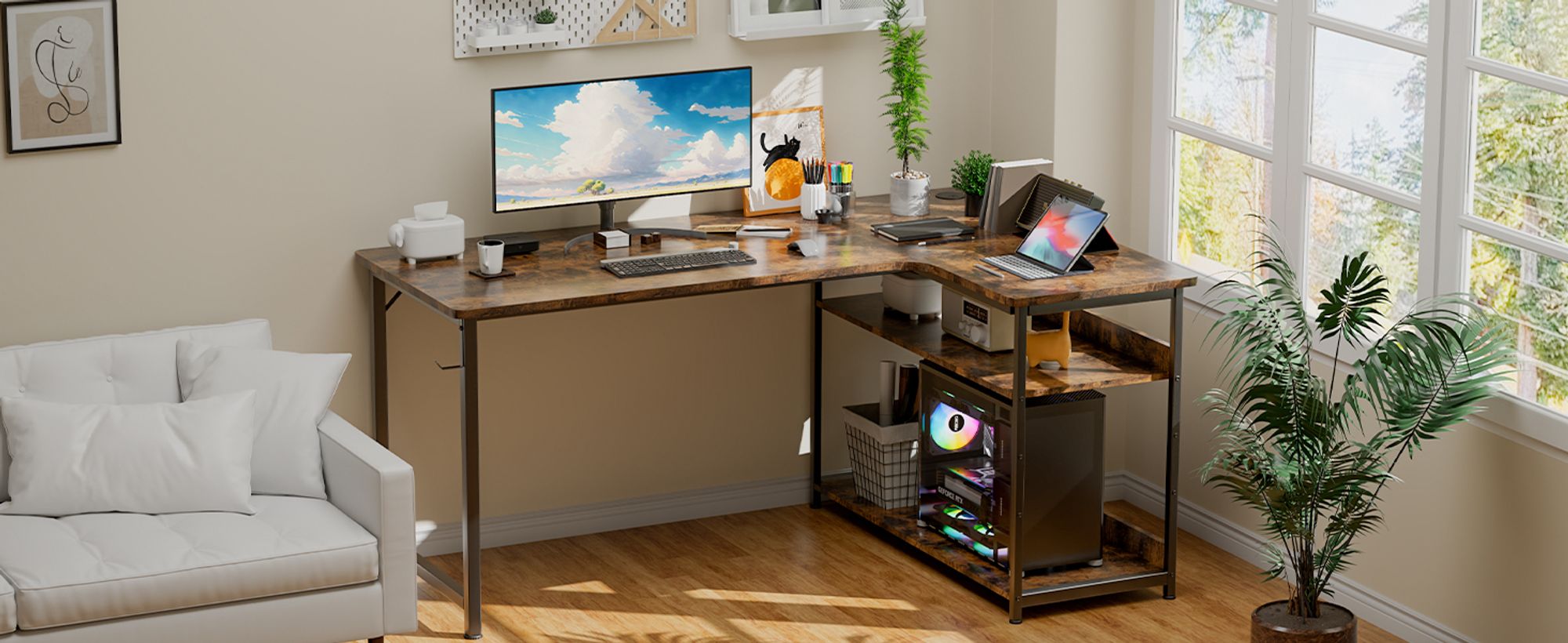 GTPLAYER Eckschreibtisch Schreibtisch Gaming Tisch mit Regal USB-Ladeanschluss und Steckdose (1 Tisch), 120cm Computertisch L Form, PC Tisch für Büro