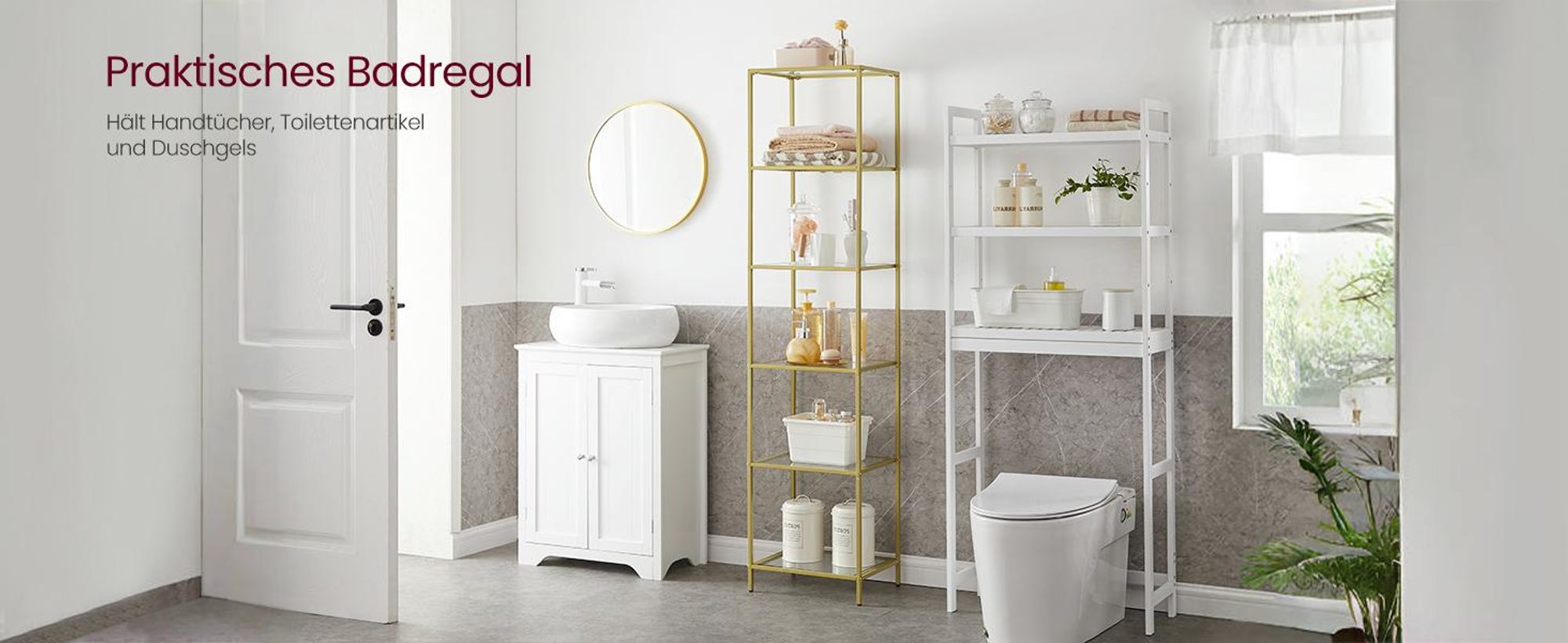 VASAGLE Glasregal mit 6 Ablagen, Standregal, Badregal, mit Stahlrahmen, goldfarben