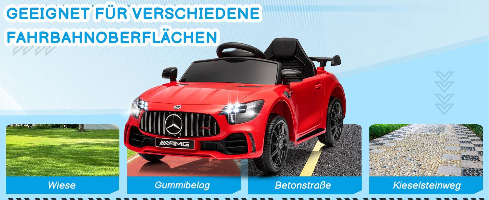 Elektroauto Kinderauto Mercedes Gtr, mit 2,4G Fernbedienung, LED Scheinwerfer, MP3, Hupe und Musik, Rot