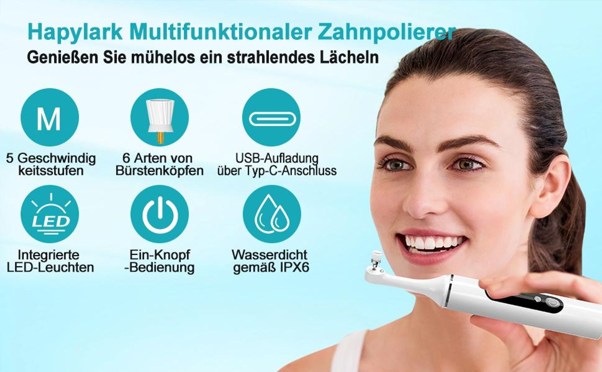 Cool-i® Zahnpolierer Set mit LED & 5 Modi& 6 Köpfen, – Für kosmetische Zahnpflege, sanftes Aufhellen & frischen Atem