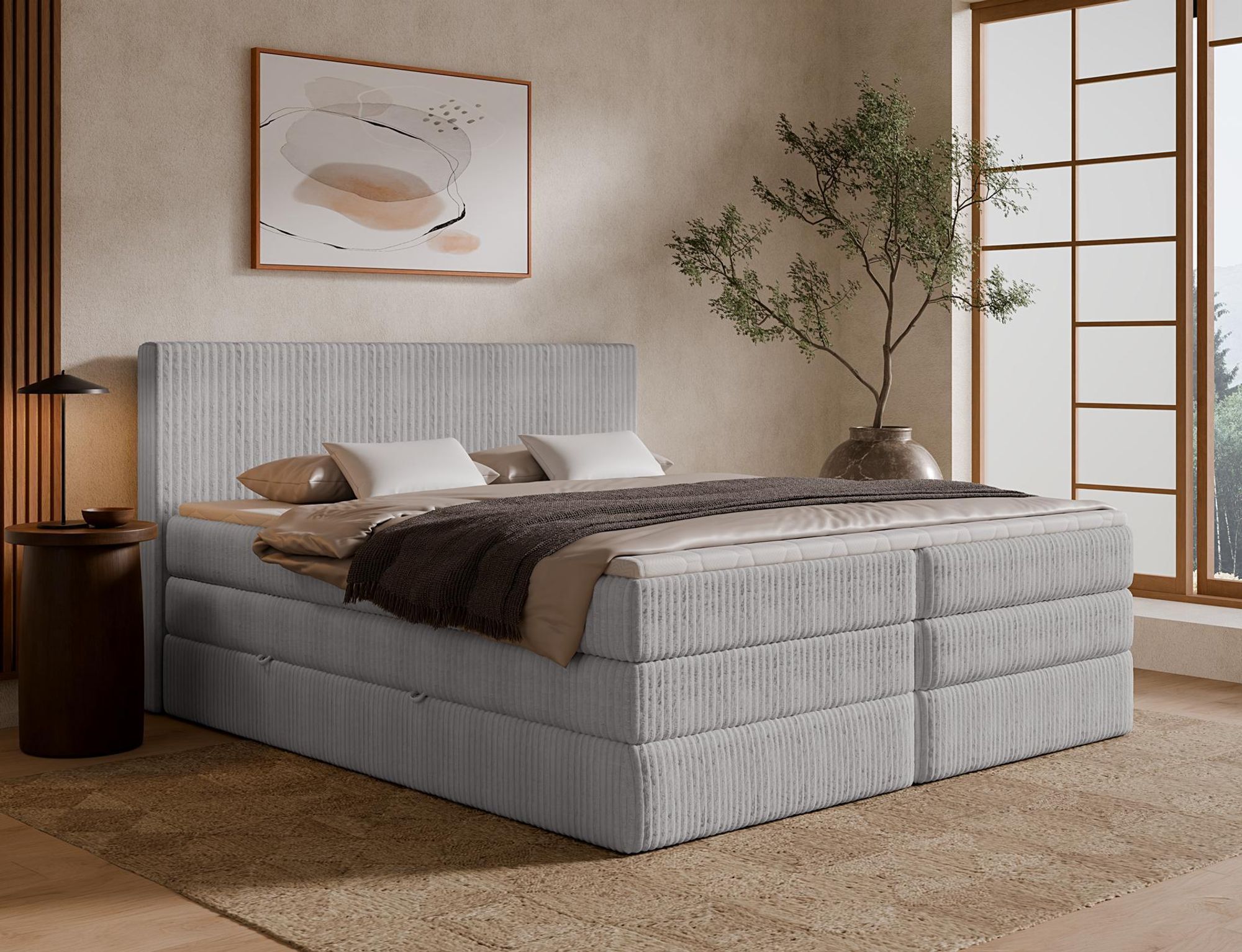 Boxspringbett Tilia DUO in Hellgrau mit Bettkasten und gepolstertem Kopfteil