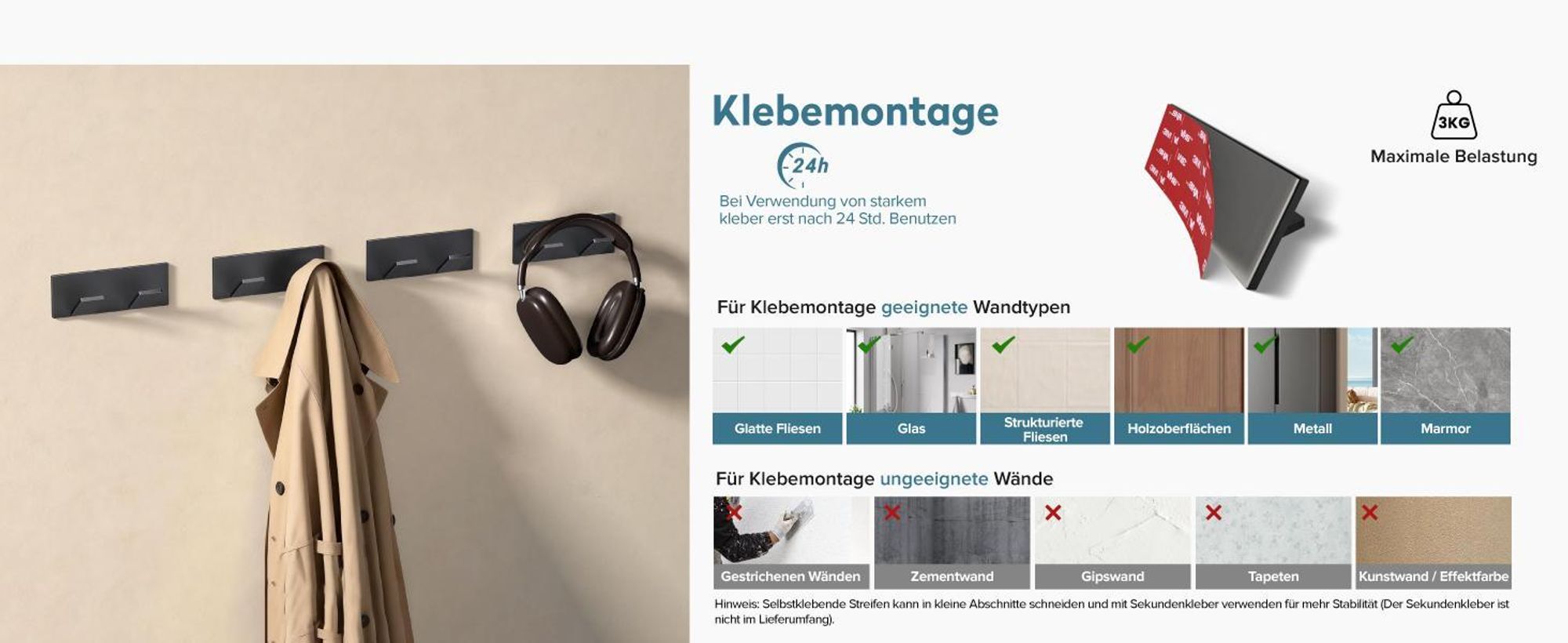 doporro Garderobenhaken Edelstahl, Kleiderhaken Wand mit 2 Haken, selbstklebend & ohne Bohren Matt schwarz für Jacken, Handtücher Stalo-02