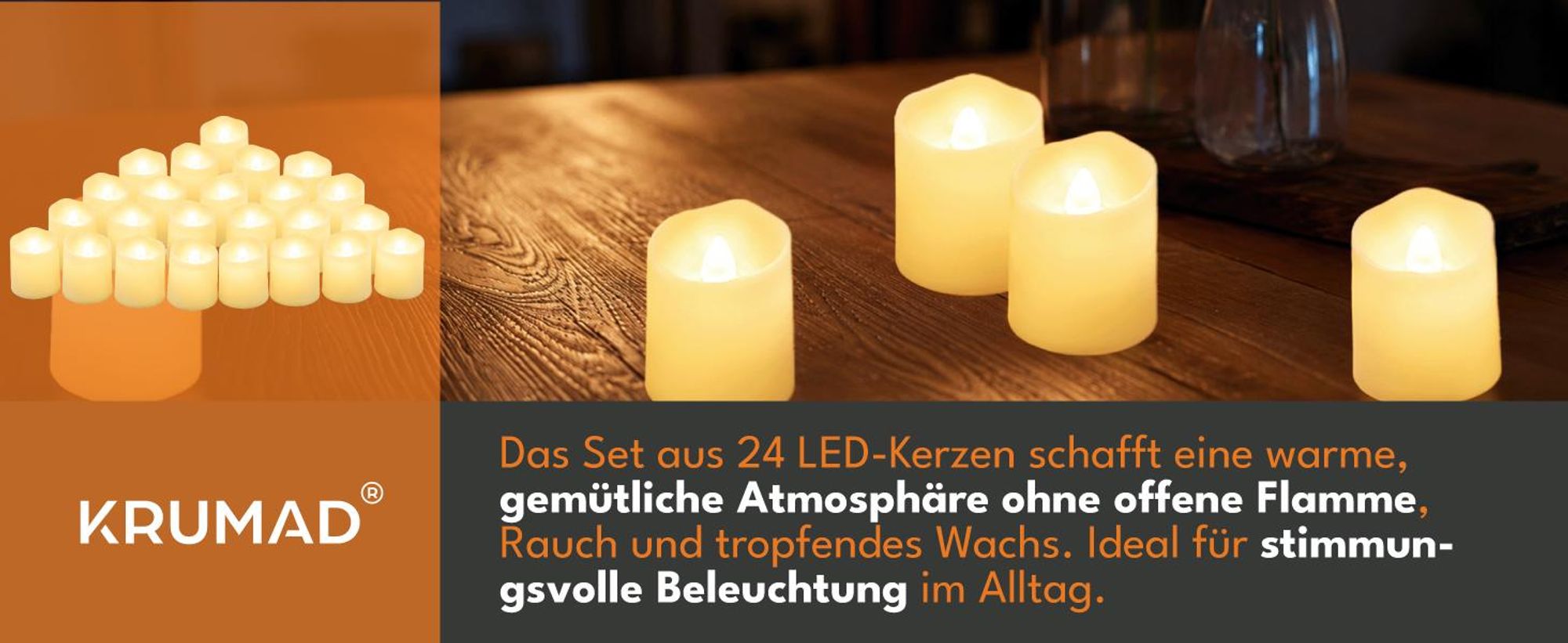 KRUMAD Set 24 LED-Teelichter Kerzen aus Sicherem PP, Teelicht Elektrisch mit Warmweiße Lichter, Batteriebetriebene Kerzenimitate mit Flackerndes Licht