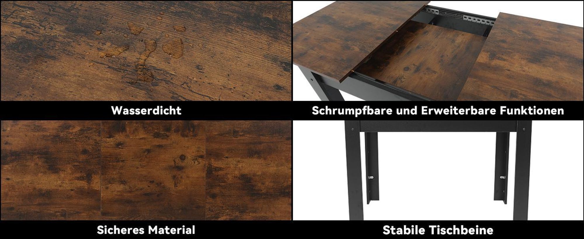 Puluomis Ausziehbarer Esstisch, Erweiterbarer Tisch 70x105-150cm, Klapptisch mit Verstärkter MDF-Platte, Küchen-/Wohnzimmertisch schwarz braun