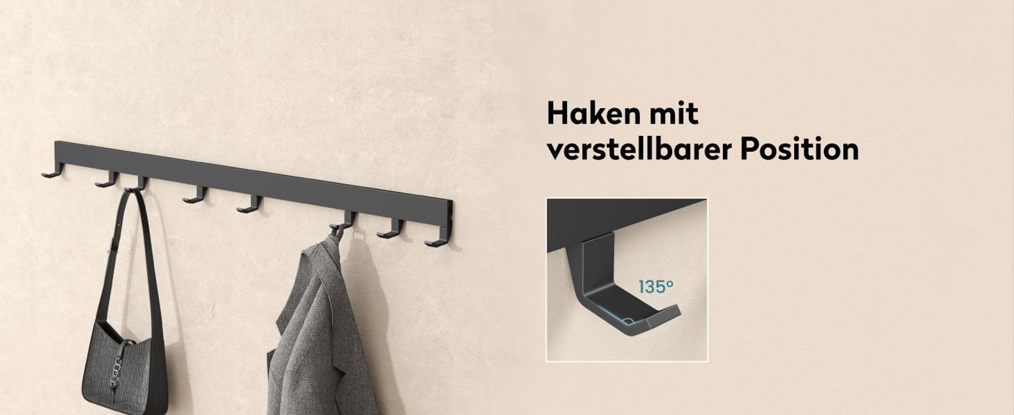 doporro Wandgarderobe aus Aluminium mit verschiebbaren Garderobenhaken, Garderobenleiste mit Kleiderhaken für Flur, Bad, 40 cm, Matt Schwarz, Stalo10