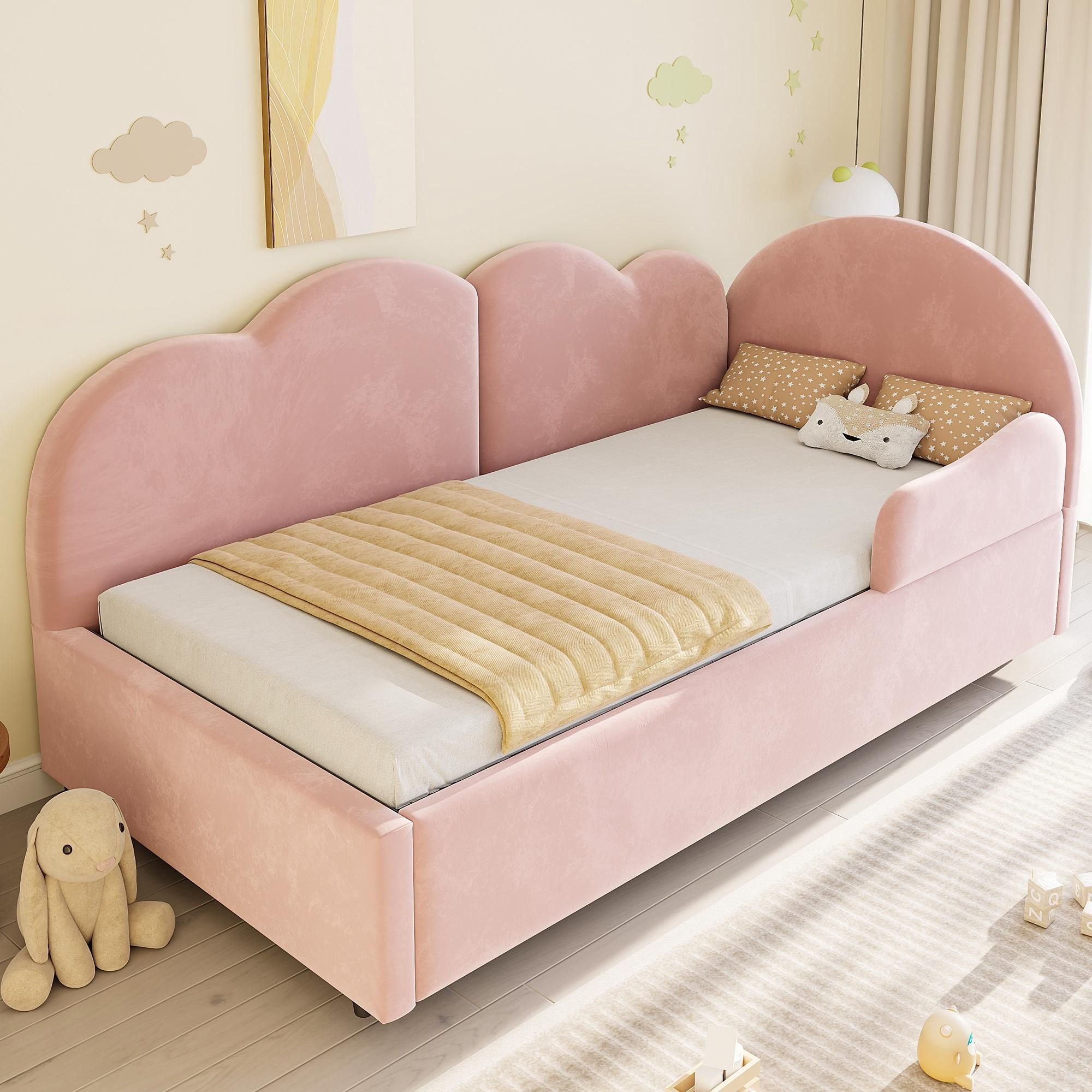 Merax Polsterbett Schlafsofa 90x200 cm L-Form mit Ausziehbett 180x200 cm, Kinderbett mit Wolken Kopfteil, Gästebett aus Samt mit Lattenrost, Rosa