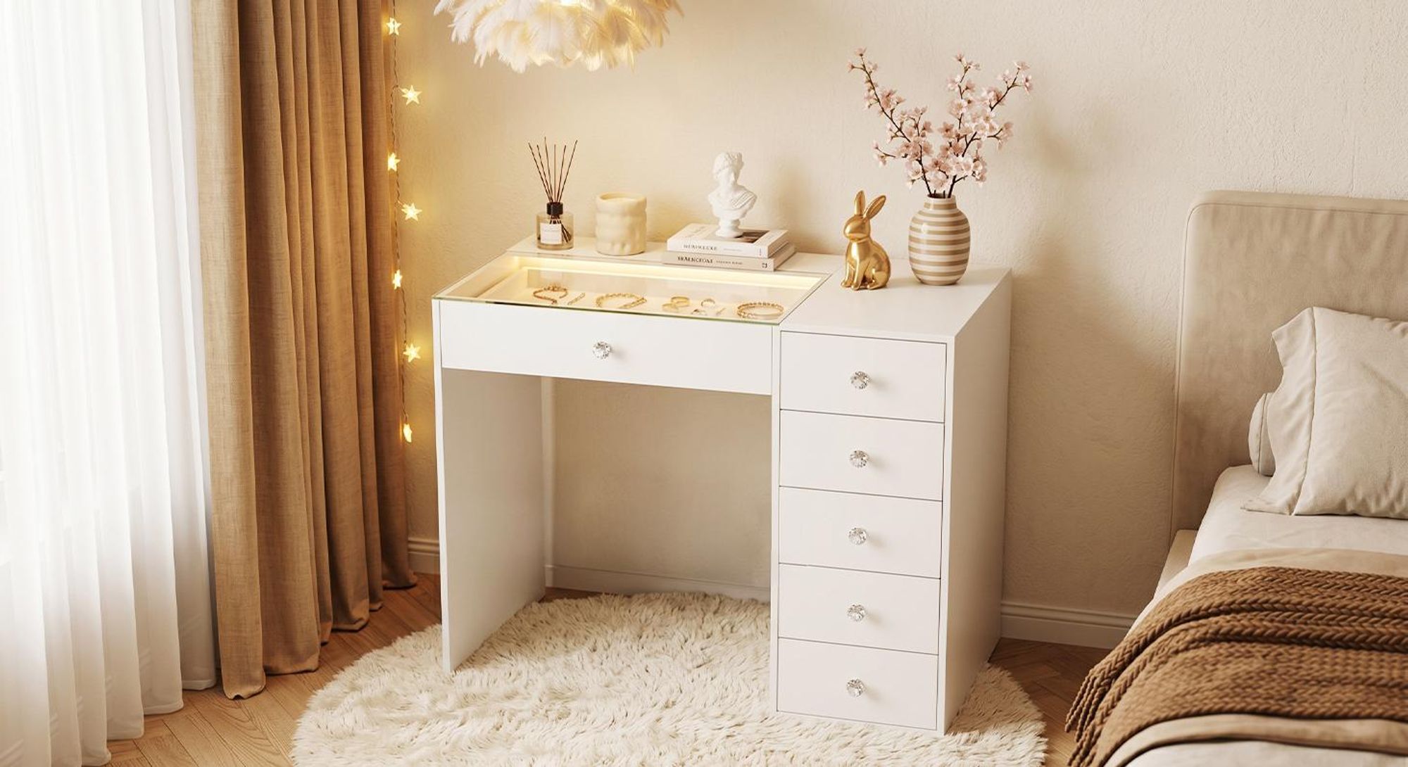 Tavolino da trucco VANITII con illuminazione LED, 6 cassetti, bianco, 92 x 55 x 81 cm