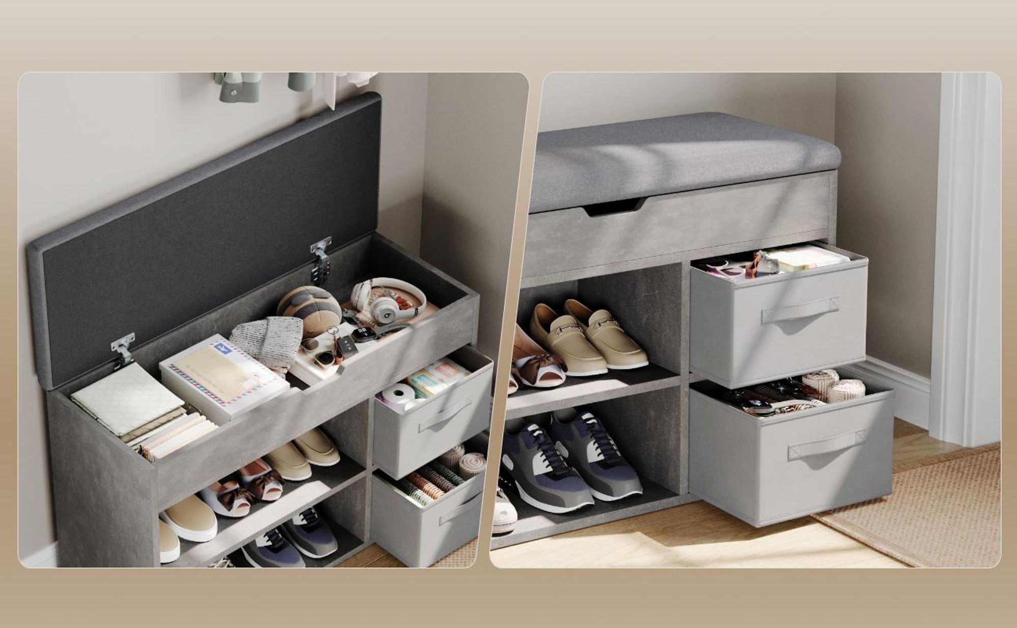 Mondeer Schuhbank mit Sitzfläche, Holzschuhablage mit Stoffschublade und Aufklappbarem Kissen, für Wohnzimmer, 80 x 48 x 30 cm, Grau