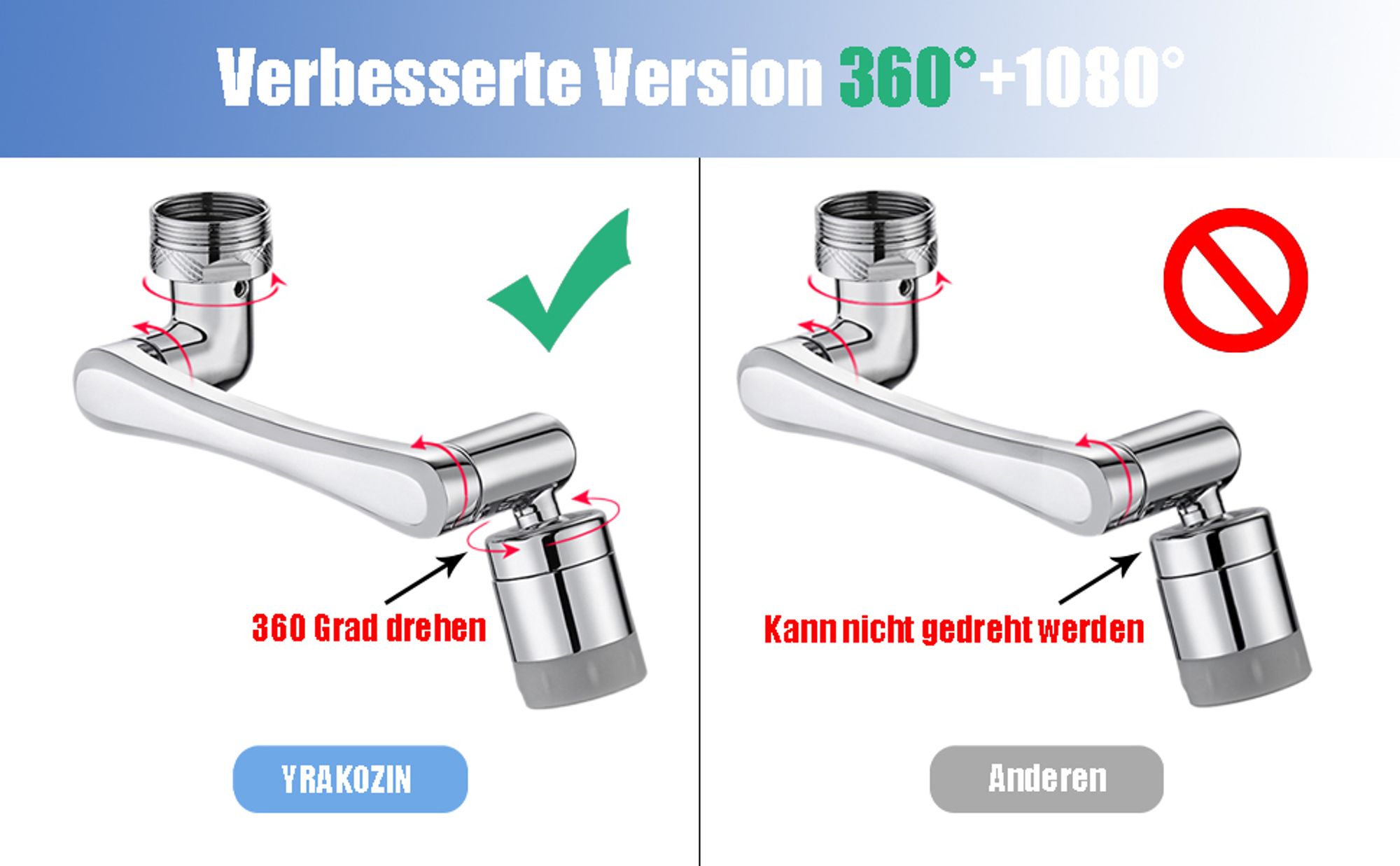 1080° Drehbarer Wasserhahn Aufsatz mit Spritzfilter – Universal Strahlregler & Luftsprudler – Dual-Funktions Schwenkarm für Badezimmer & Küche – 1 Stü