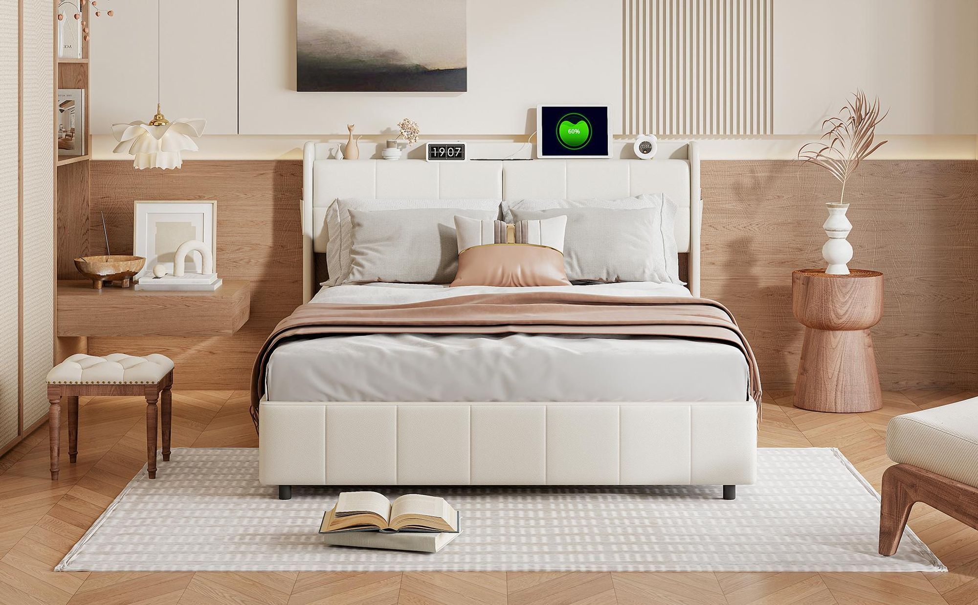 INONEFT Boxspringbett 160x200cm Polsterbett mit LED und USB,Doppelbett mit Lattenrost und 4 Schubladen, Stauraumbett Funktionsbett Samt, Beige.