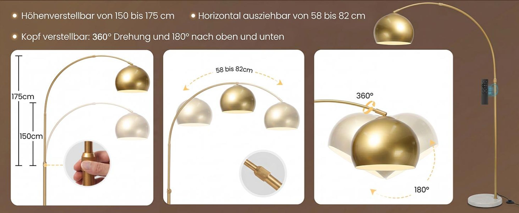Gebogen Stehlampe Modern Golden Einstellbar Stehleuchte Metallschirm und Marmorsockel Dimmbar Bogenleuchte mit Fernbedienung
