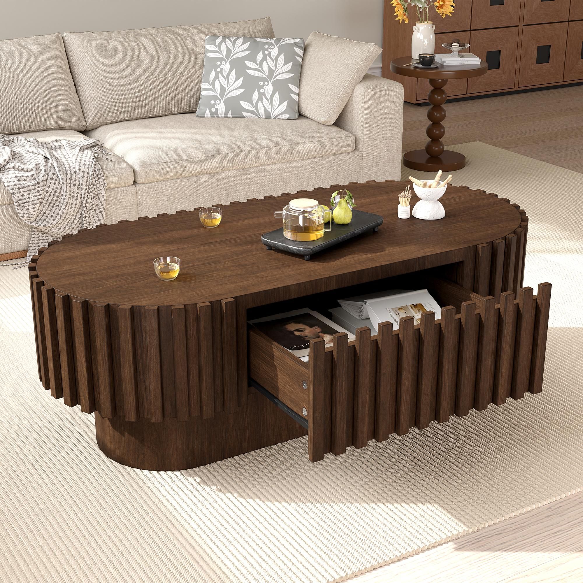 Merax Couchtisch oval mit 1 Schublade, Sofatisch Beistelltisch aus MDF mit Stauraum, Wohnzimmertisch mit vertikalen Streifendekoren, Nussbaum