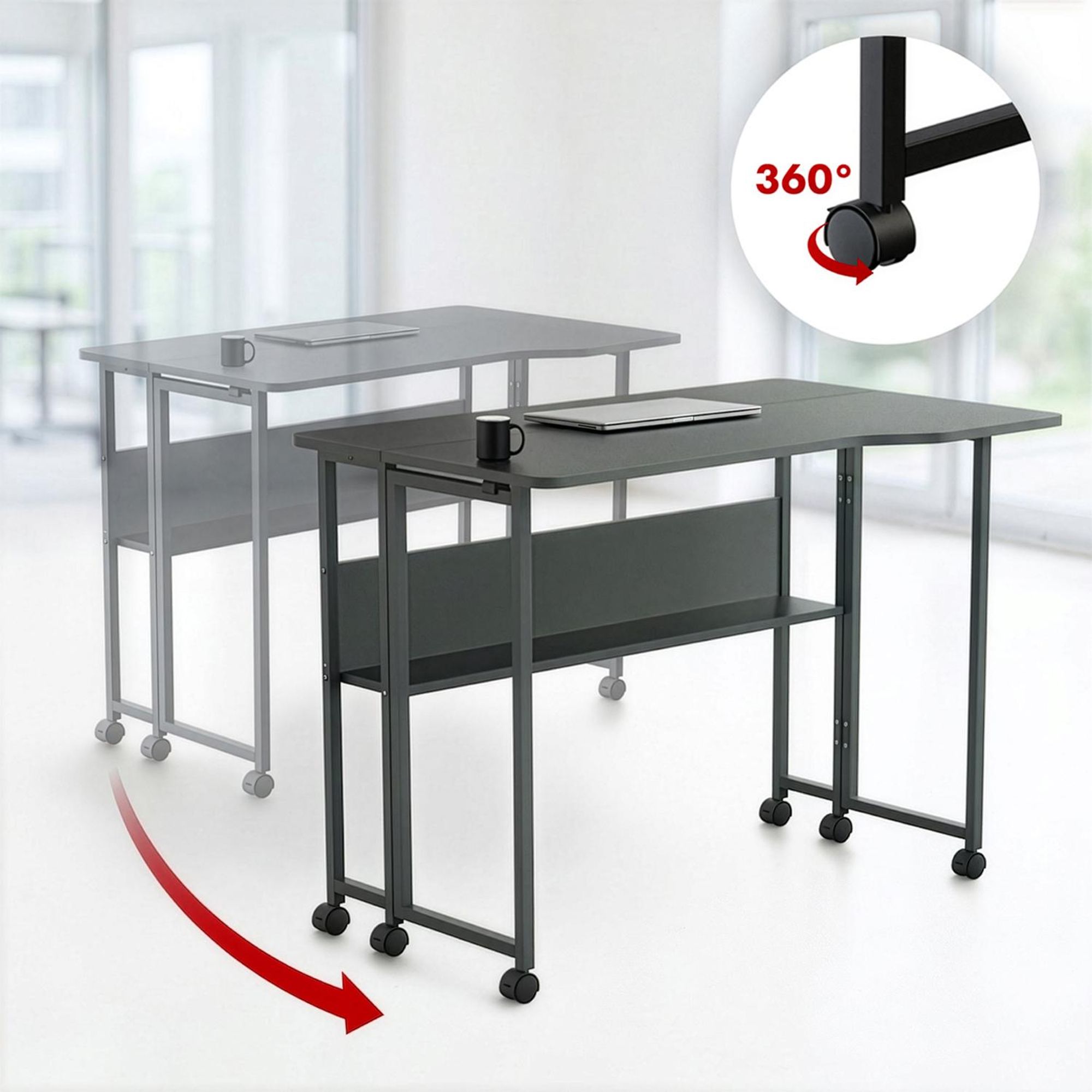 Klappschreibtisch / Beistelltisch Maclean schwarz fahrbar 100 x 73 cm max. 50 kg eckig L-Form MC-126 L/B