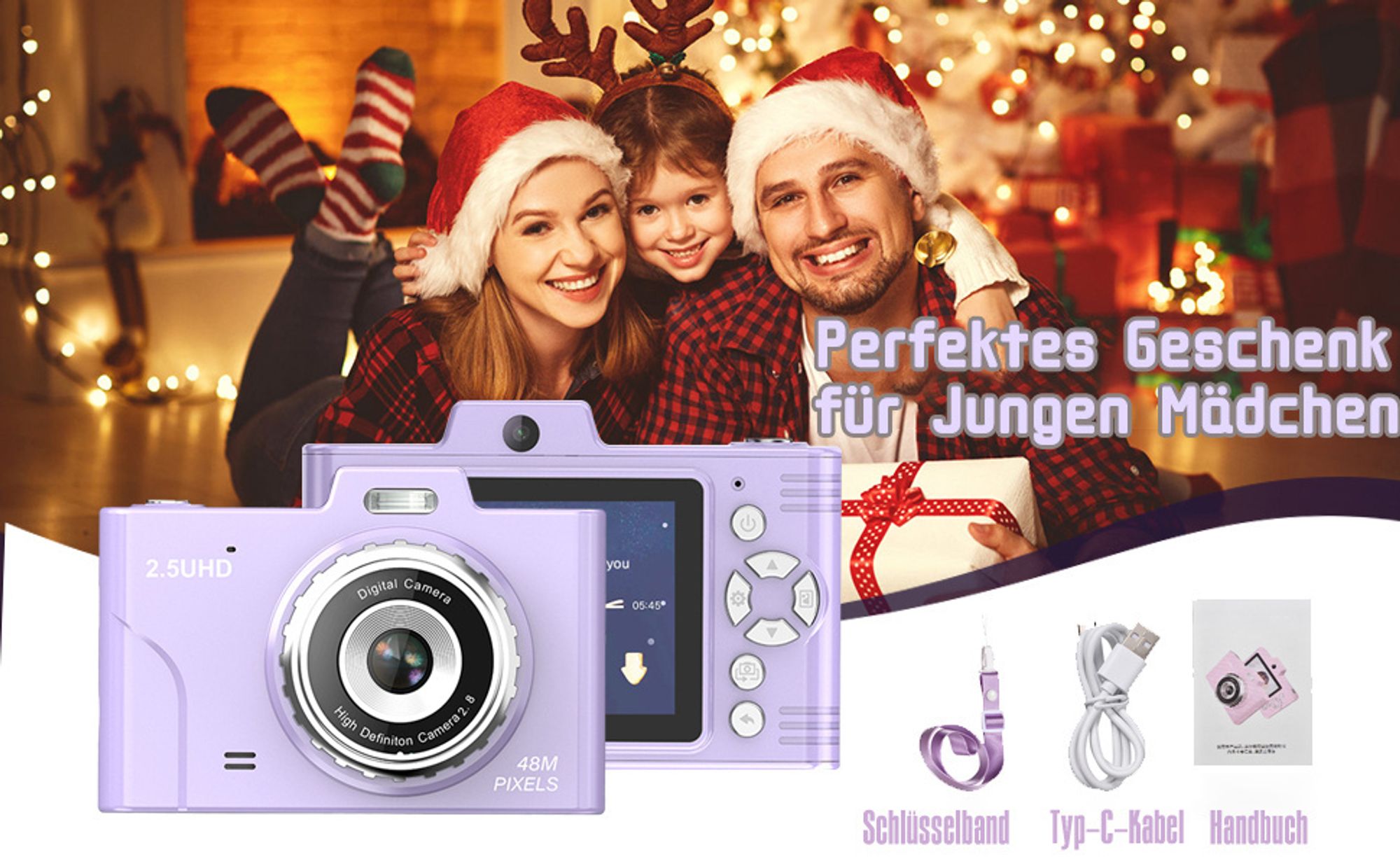 ZELURXX Digitalkamera, mit Doppelkamera, 4800W, 2,8“ IPS Bildschirm, 8x Zoom, 32G, mit Blitzlicht, Studentenkamera, für Studenten, Anfänger, Schwarz