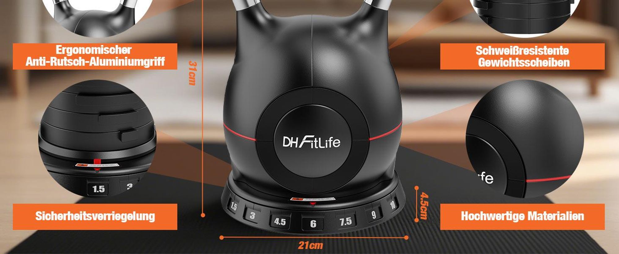 DH FitLife 7-in-1 Verstellbare Kettlebell Set 1,5-10kg | Kompakt & Platzsparend | Ideal für Fitness Zuhause, Fatburn & Ganzkörpertraining