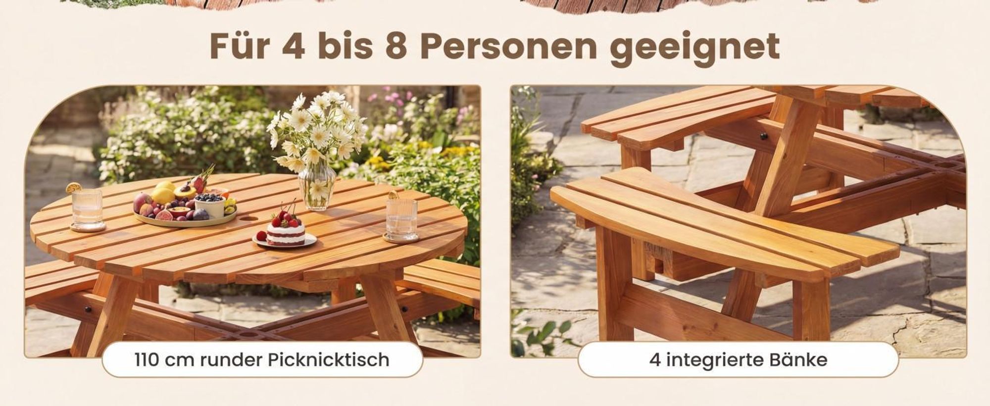 COSTWAY Gartenmöbel-Set für 8 Personen, Gartentisch mit Schirmloch & 4 Bänken, Picknicktisch Set rund, Sitzgarnitur Holz, Sitzgruppe Braun
