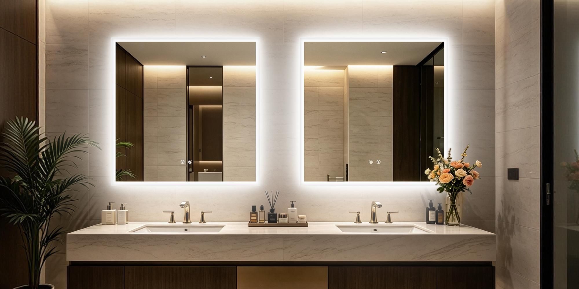 WISFOR LED Badspiegel 90x90 cm, Badezimmerspiegel mit Beleuchtung, mit Touchschalter beschlagfrei 3 Lichtfarben, IP66 Energiesparend
