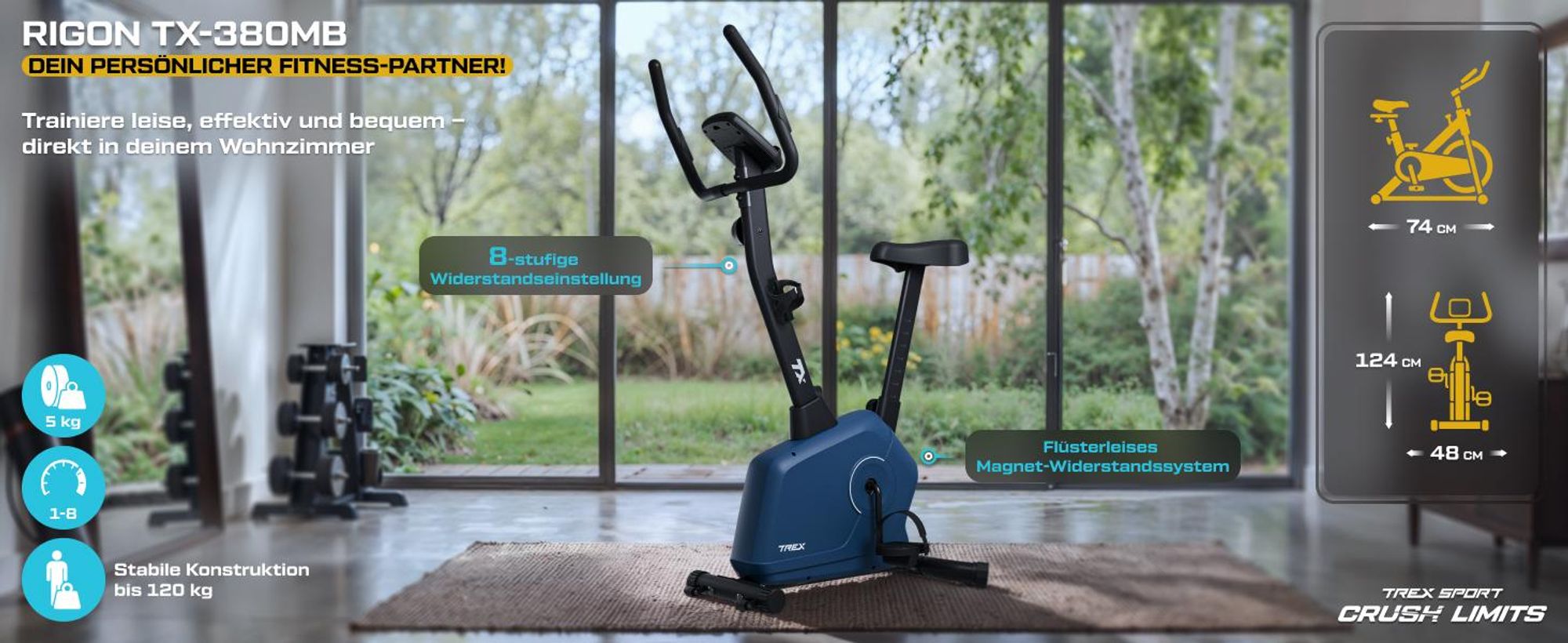 TREX SPORT Heimtrainer Fahrrad für Zuhause TX-380MB RIGON | Magnetisches Fitnessbike, leise | LCD Display, Pulsmesser, 8 Stufen, bis 120kg| Marineblau