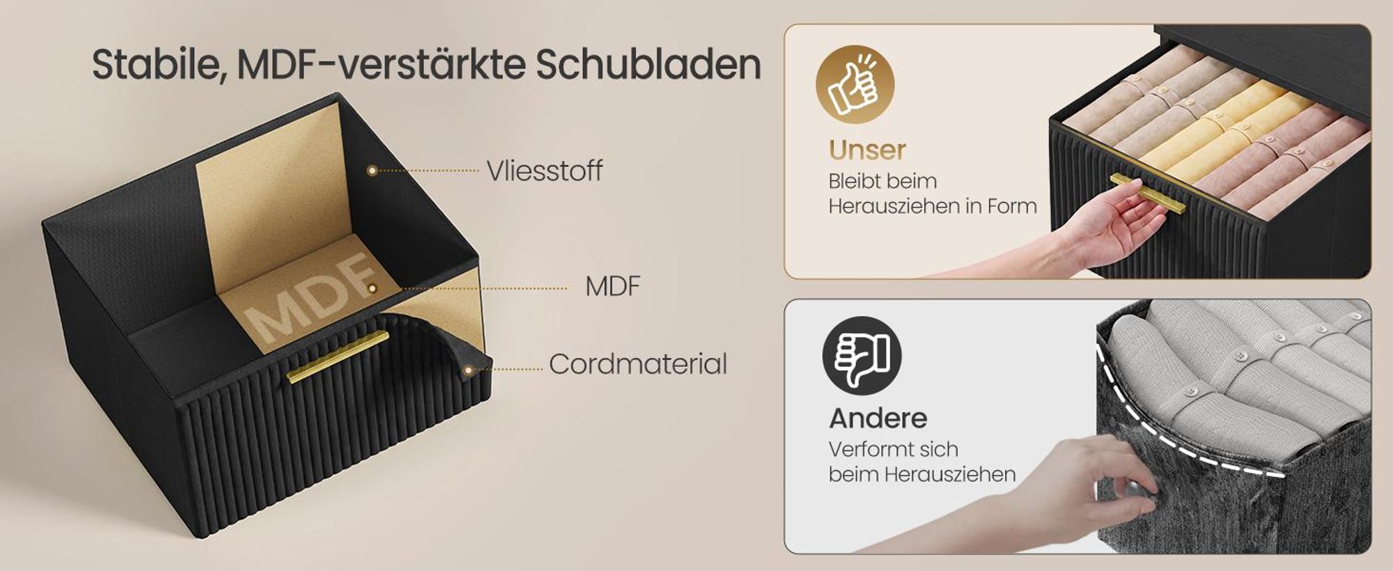 SONGMICS Kommode mit 4 Schubladen Schmaler Aufbewahrungsschrank aus Cord 39,6 x 30 x 96,2 cm Tintenschwarz
